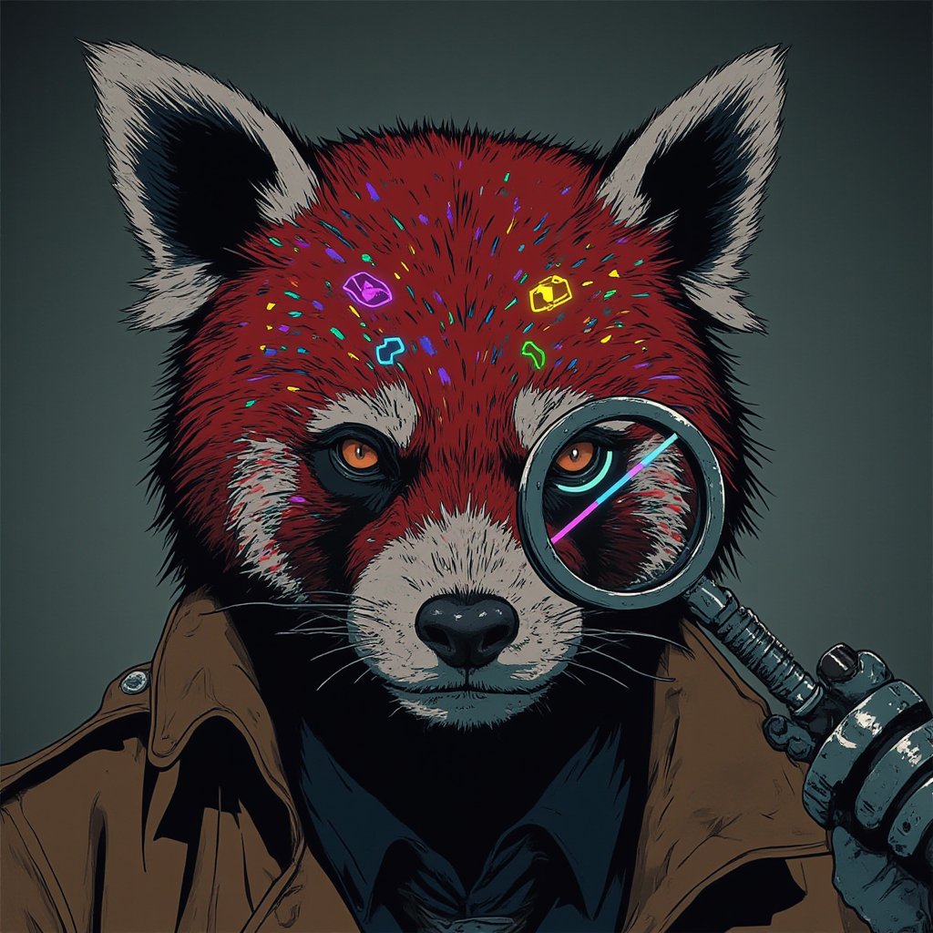 Eye-catching, drab, hyper-realistic, high-quality, detailed image, captivating male detective, mysterious red panda mask made of colorful multicolored glowing neon dots (red, blue, yellow, green, purple, orange), complete face, sleek dark brown hair, sharp amber eyes, silver geometric patterns, serious expression, dressed in a stylish futuristic trench coat, Canon EOS R5, close-up shot, surreal style, inspired by Salvador Dalí and Annie Leibovitz, soft diffused lighting, bright noir theme, high contrast, moderate saturation, cool hue, subtle shadows, defined highlights, detective elements, vintage magnifying glass, cyberpunk anime ne0nfant4sy.