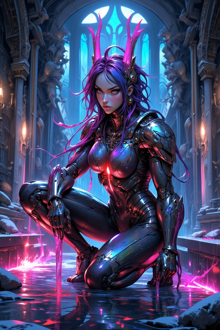 A hyper-realistic, half-body upper shot in chromecore style featuring Meiko with metal skin, kneeling in 3 inches of water. Her expression is expressionless and serious, with her colored skin shifting in gradients from vibrant chrome to metallic tones, emphasizing the chromecore aesthetic. She wears sleek armor, reflecting vibrant colors against a simple background that blends dark and blue tones, creating a contrast between bright chromatic elements and the surrounding dark vibes. The environment is a mix of dark fantasy and futuristic elements: white walls, floor, and pillars covered in creeper vines. The water reflects her, capturing the subtle play of light on her colored skin. The overall atmosphere is both monochrome and colorful, blending seamlessly. Shot with Canon EOS R5, 85mm f/1.2 L lens, for sharp detail and a cinematic, editorial feel. The design showcases pureerosface_v1 and follows the csr style, resulting in a high-quality masterpiece. ((Chromecore,,, simple background, dark and blue background, vibrant colors, colorful, metal skin, expressionless, serious, chromecore, bright, dark vibes, dark fantas, armor, monochrome, colored skin, gradient, pureerosface_v1, meiko, csr style)),mythp0rt