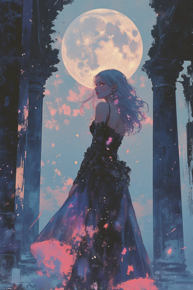 **Prompt**: In a hyperrealistic style, depict a stunning woman with phantom-like beauty, adorned in an iridescent gown that reflects shifting hues of amethyst and silver, standing amidst the moonlit ruins of an ancient temple. The gown, a tattered masterpiece from a forgotten era, flows around her like spectral mist, crafted from fabric woven with shimmering cobwebs and moonlight that capture and refract soft ambient light, creating a mesmerizing dance of ghostly colors. The moon, a solitary sentinel in the inky sky, casts a haunting glow on the crumbling walls and shattered columns, enveloping the woman and her gown in ethereal luminescence. Ambient lighting, a blend of moonlight and faint spectral energy, crafts a surreal atmosphere, blurring the line between the living and spectral. Intricate details on the dress, with delicate patterns of faded embroidery and shimmering ghostly threads, shimmer elegantly, adding depth to the iridescent fabric. Her hair, a cascade of flowing silver, frames her face, intertwined with moonlight and shadow. Her eyes, luminous orbs of amethyst, gaze out with haunting intensity, reflecting the ruins' ethereal beauty and the iridescent colors that surround her. The overall effect is breathtaking beauty and ethereal mystery, highlighting the allure of iridescent colors and the awe-inspiring power of ancient ruins. 