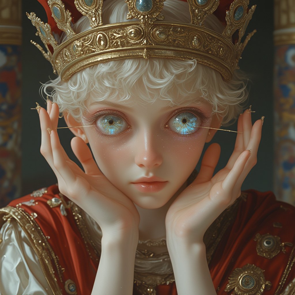 In **lyh_niji** style, an anime-inspired close-up portrait features a pale-skinned Roman prince adorned in elaborate Roman clothing, complete with ornate decorations and a regal crown. His face is partially obscured by his palms, which rest gently on his cheeks, creating an intimate and surreal moment. Each palm showcases an intricately designed glowing eye at its center, ensuring the eye is accurately rendered on the back side of his hands. The glowing eyes add a mystical element to the scene, drawing attention to his expressive features and enhancing the overall intrigue. The background is softly blurred to keep the focus on the prince, with a color palette that emphasizes elegance and dreamlike quality, merging the grandeur of Roman aesthetics with a touch of surrealism. ,soft focus,blurry foreground,Pixomeda style