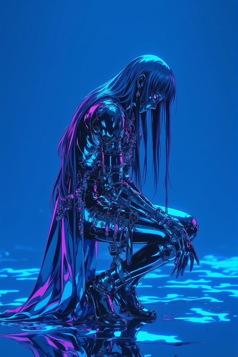 In a hyper-realistic **ne0nfant4sy** style, the figure kneels on **one knee**, their head slightly bowed beneath the **chrome silver non la**, its flowing metallic tassels still concealing most of their face, leaving only a faint glint of glowing anime-style eyes visible. The left arm is fully revealed, gleaming with a detailed **biomechanical silver tattoo**, its intricate design contrasting against the smooth, polished **metallic skin** that shimmers under the neon glow. The **chrome robe cascades** around the figure’s legs, moving like **liquid metal**, reflecting the vibrant colors of the surroundings. The pose exudes an unshakeable **stoic nature**, with a calm yet powerful presence, merging traditional attire and **futuristic aesthetics**. The backdrop glows with intense **neon blue light**, enhancing the luminous reflections on the chrome surfaces, giving the figure an ethereal, almost otherworldly aura.