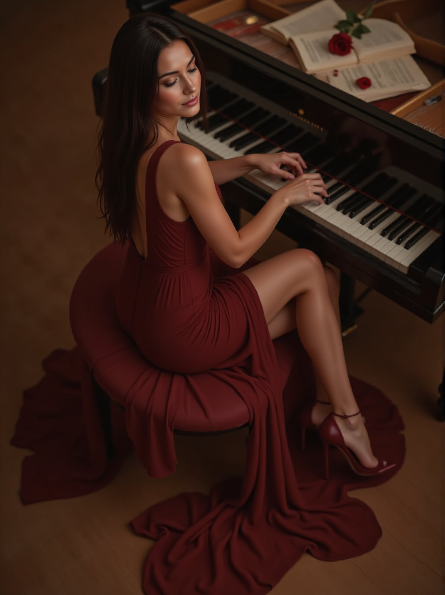 view from above, portrait of a beautiful young woman sitting at a piano, her posture graceful and balanced. Her long, dark, straight hair falls down her back, shining in a soft, ethereal light. She wears a long and flowing dress of an intense burgundy color that matches her olive tone, a long slit opens and reveals her beautiful legs and her stiletto heels. The delicate fabric of the dress extends elegantly over the piano bench.
His slender fingers dance on the ivory keys with precision, almost as if they do not touch them while playing. Her eyes are closed, lost in the music, with long eyelashes rubbing against her cheeks. A serene smile rings on his lips, expressing his deep connection with the melody.
The grand piano, an elegant black Steinway, shines under the delicate lighting.
The soft sound creates an intimate and dreamlike atmosphere. 
On the piano, a red rose runs over scattered scores, a romantic touch to the already captivating scene. The whole image exudes an air of timeless elegance, musical passion and mystical beauty.  Masterpiece, white balance, warm color, 16k, high detailed,tronggg,Nayane,pose