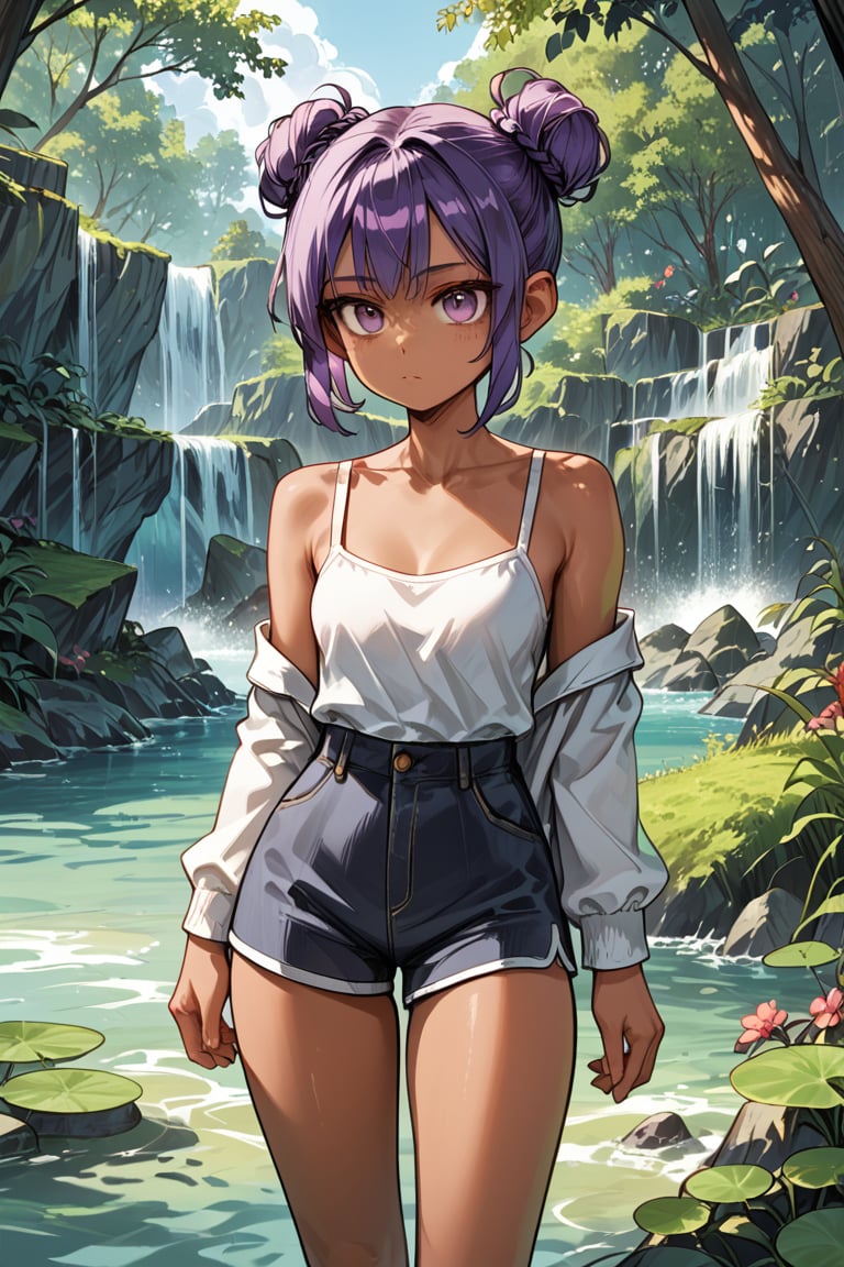 Improve the detail, texture, quality, and color of your photos and illustrations while minimizing the effect on the composition,

1 girl, purple hair, double bun hairstyle, brown skin, Cartoon Style, 

Detailed Anime-Cartoon Style,

score_9,score_8_up,score_7_up,score_6_up,score_5_up,score_4_up,