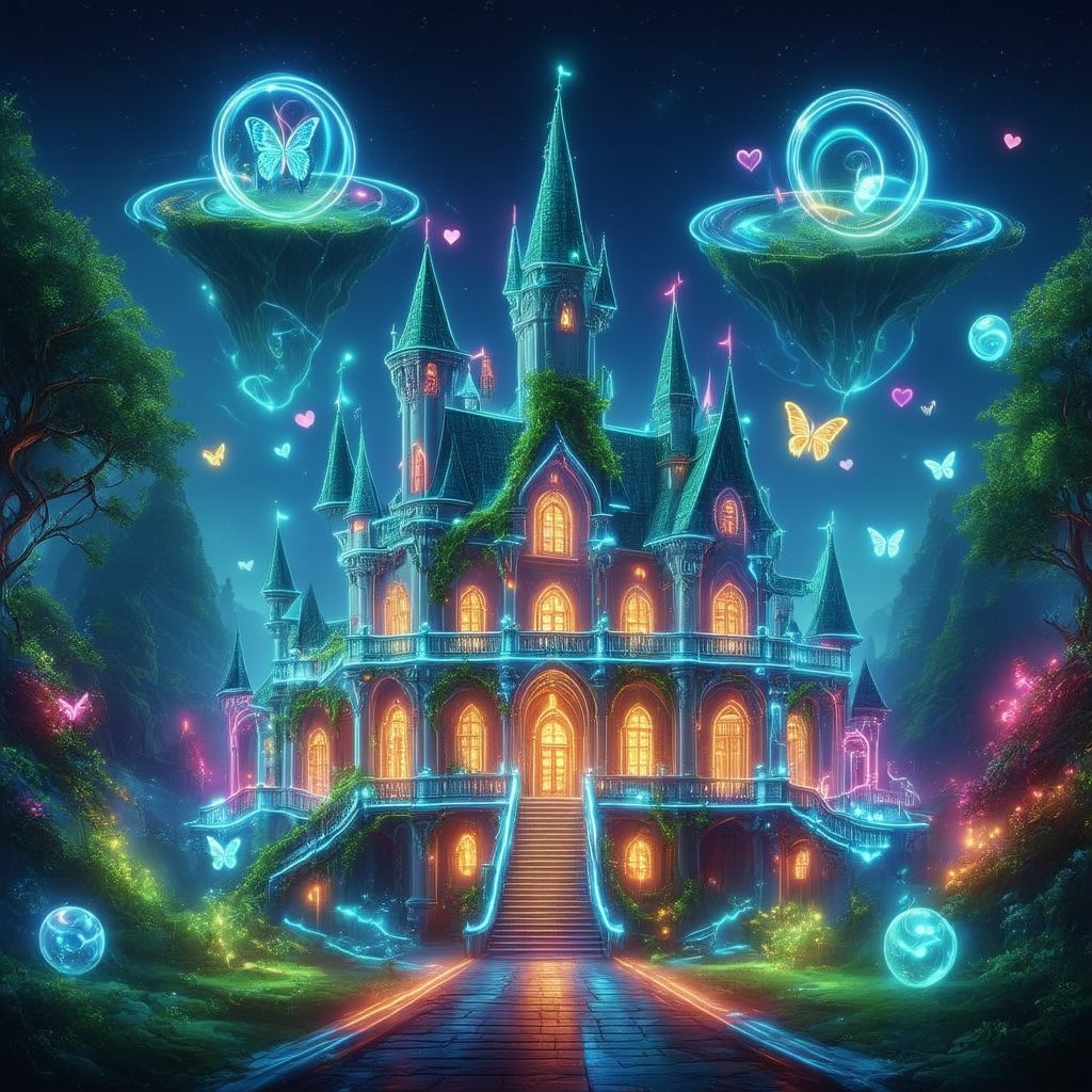 A dreamlike scene featuring a fairytale castle with a white and green color scheme, adorned with intricate carvings and lush plants. Vines drape over multiple balconies and staircases, illuminated by neon lights that glow along the edges of the castle's architecture, accenting the balconies and pathways with soft neon hues. The entire structure is surrounded by floating orbs of light, shimmering butterflies, and glowing hearts, all enhanced by neon glows, adding to the magical atmosphere. Trees around the castle have neon-lit leaves, and in the sky, floating islands are illuminated with glowing outlines. The scene is set under a bright daytime sky, with soft neon lights casting a whimsical glow over the entire environment, blending a fantastical and futuristic feel.