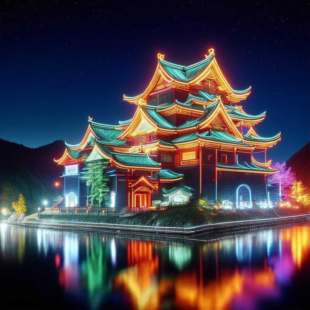 A Japanese castle stands majestically on a hill, its intricate architecture and pagoda-style roofs illuminated with fantastical, glowing lights. The scene is set at night, with the castle's walls and towers bathed in a vibrant, multicolored glow that creates a magical atmosphere. The shot is framed wide, capturing the castle's grandeur and the surrounding landscape, including a serene lake reflecting the dazzling lights. The overall lighting is soft, with the fantastical glow casting a warm, ethereal ambiance.