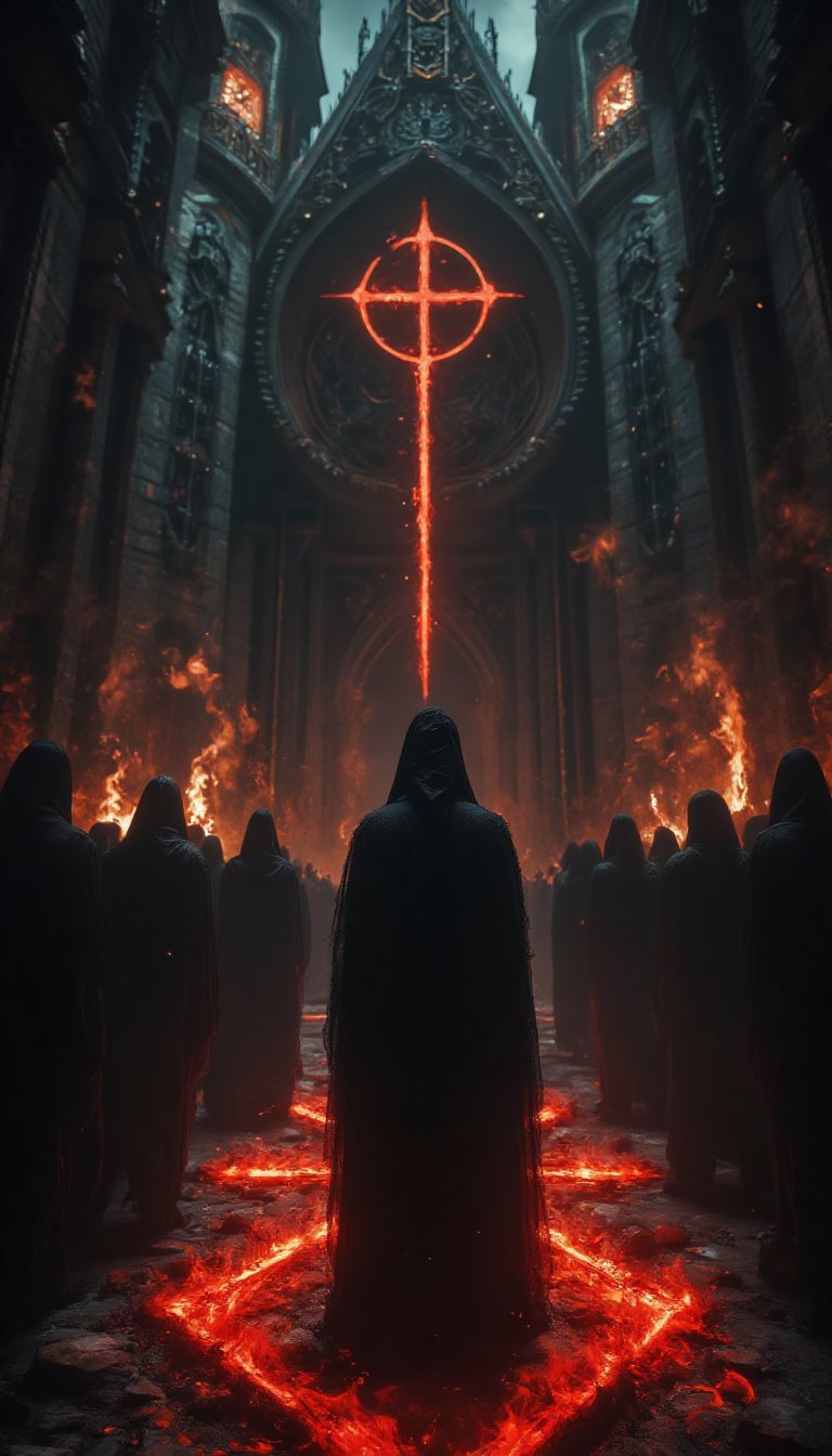 Cultists of the Satanic Church standing in front of their imposing temple during a midnight gathering. The inverted cross on the ground glows with an eerie red light amidst the dark and foreboding atmosphere, as flames dance in the background, casting long shadows across the devotees' somber faces.