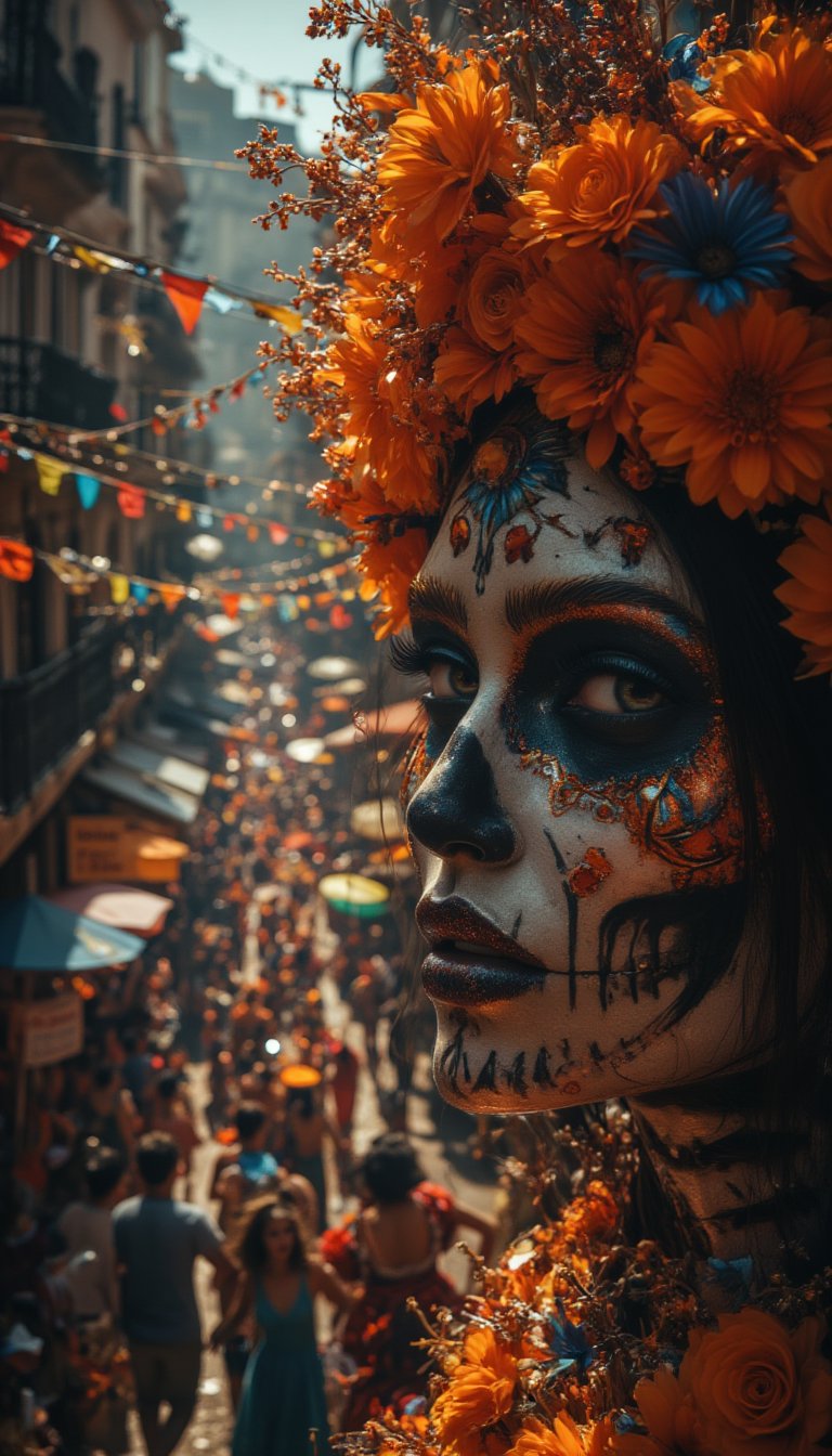 A tight frame captures the intricate details of La Santa Muerte's mystical face, adorned with a garland of colorful marigolds and votive candles. The vibrant Mexican street festival unfolds in the background, as dancers spin beneath twinkling string lights and vendors peddle traditional sweets. Early 20th century architecture looms large, casting long shadows on the bustling scene. Hyper-realistic cinematography renders every texture and hue with crystal clarity.