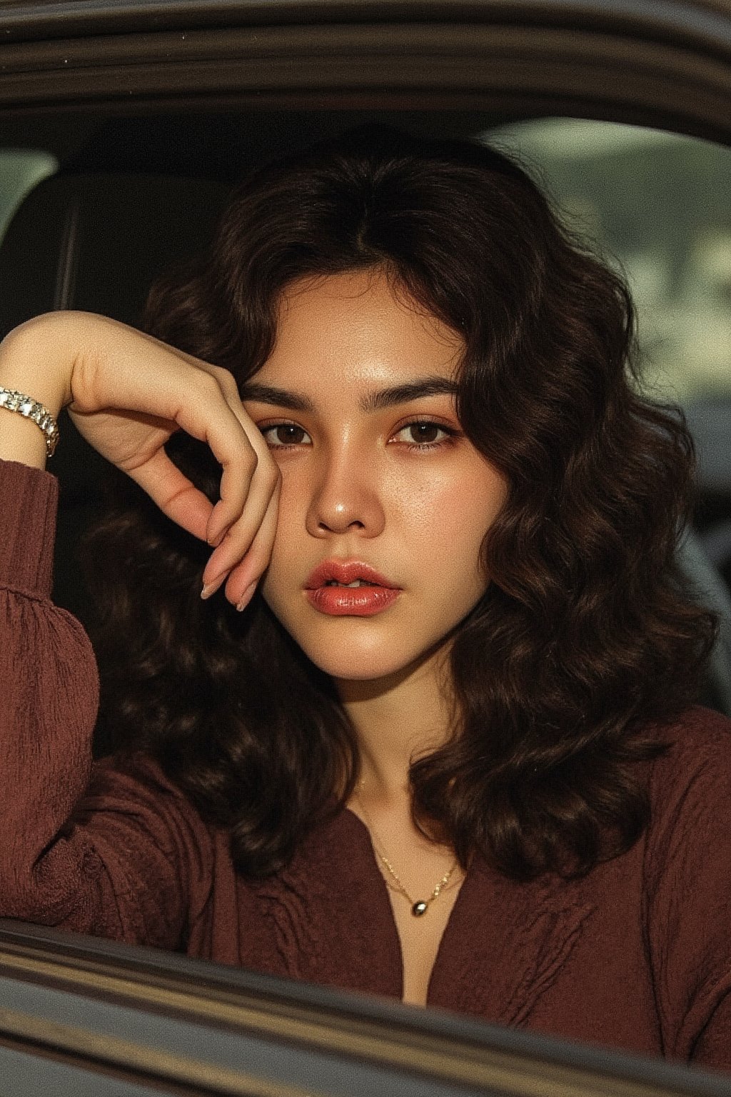 Young woman with dark curly hair, seated in a car, hand resting on her forehead, looking thoughtfully at the camera, projecting a mood of pensive introspection and quiet confidence], [Photographic portrait, film photography style], [Inspired by the work of Ryan McGinley and Larissa Hofmann], [Warm, slightly desaturated color palette; soft, natural lighting; visible film grain and texture; shallow depth of field; focus on the woman's face and eyes; the background is blurred, showing the interior of a car; the overall aesthetic is reminiscent of candid snapshots; slightly underexposed for a moody effect, hubg_beauty_face