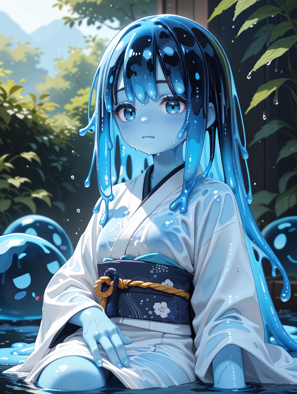 score_9, score_8_up, score_7_up,1girl,(expressive eyes), Nureonago, colored skin, pale blue skin, blue slime, varied slime texture, black slime, slime hair, long hair, gradient hair, black hair to blue hair, wet clothing, kimono