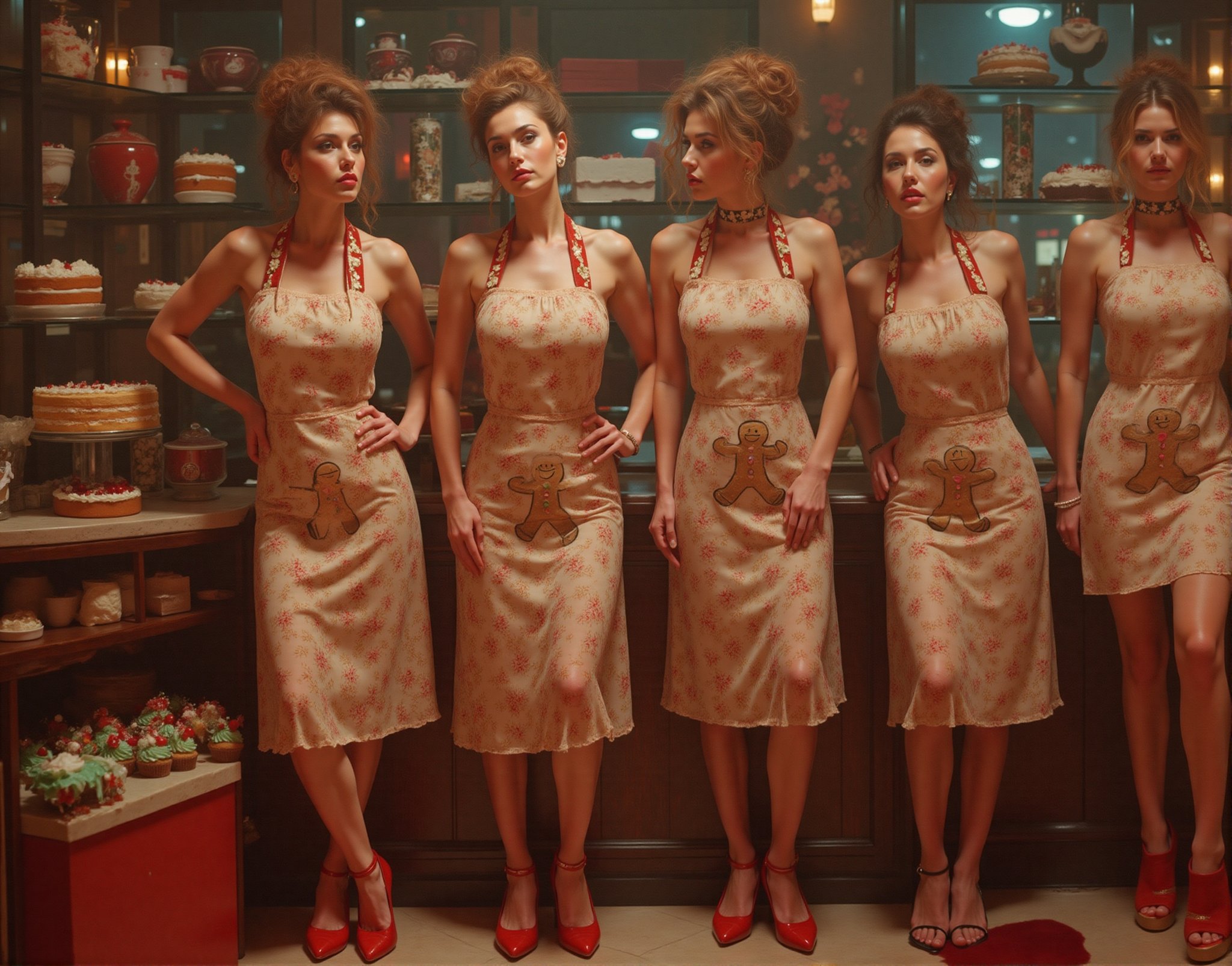 A cinematic masterpiece,  a desert shop with glass cabinets and shelves filled with festive deserts. Cakes with frosting,...