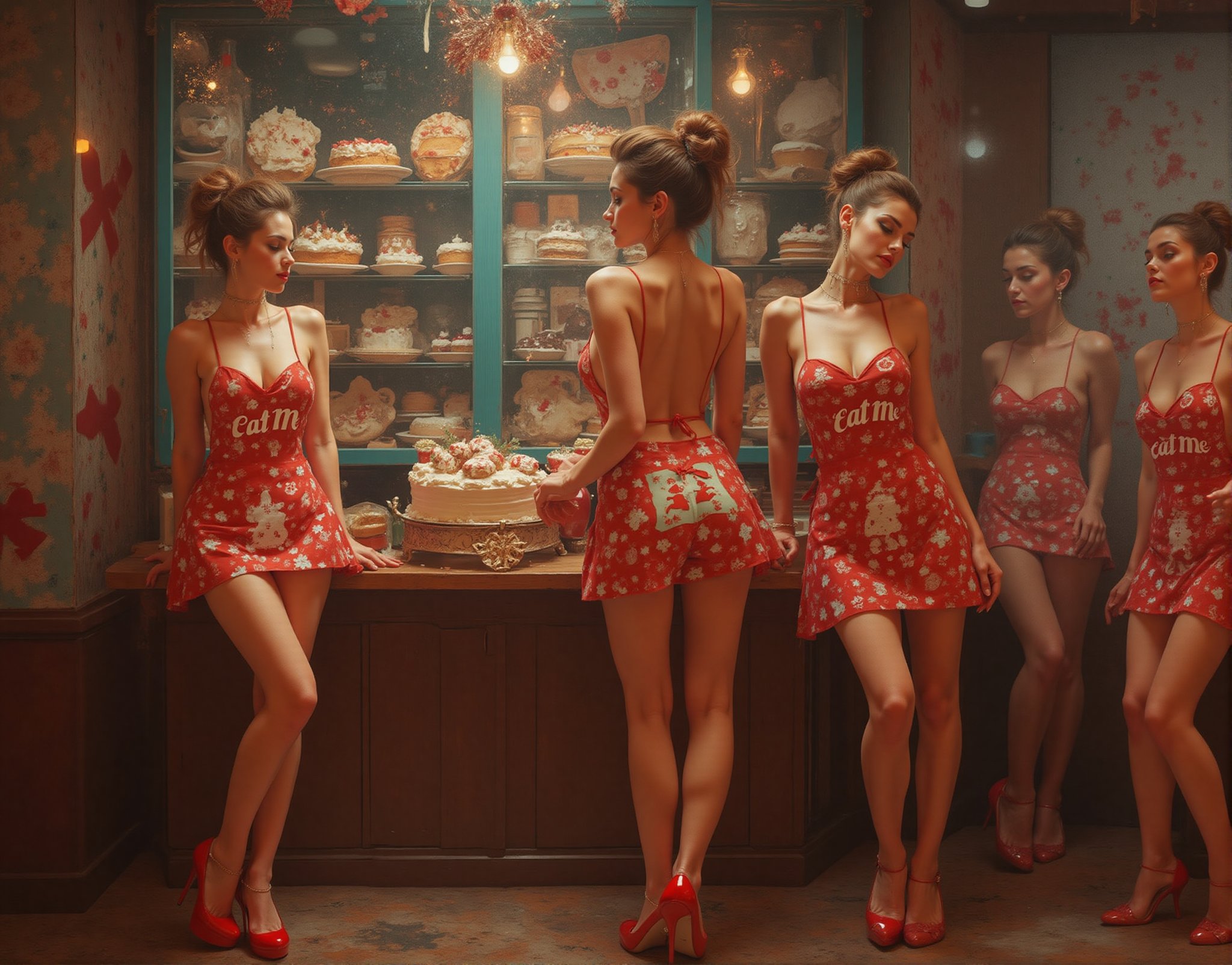 A cinematic masterpiece,  a desert shop with glass cabinets and shelves filled with festive deserts. Cakes with frosting,...