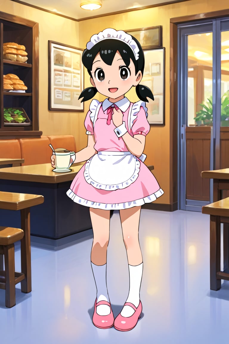 score_9, score_8_up, score_7_up, score_6_up, score_5_up, score_4_up, source_anime, anime coloring,minamoto shizuka, low twintails, black hair, short hair, black eyes, 1girl, full body, pink maid costume, white socks, stand, smile, open mouth, restaurant,