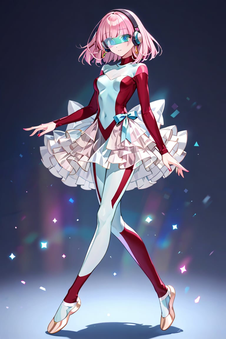  (crimson and very light blue bodysuit,1.3), transparent Visor on eyes, blue eyes, (gray headphones:1), Pink hair, bob hair, Medium hair, (gold earrings:1), , (transparent see-through skirt:1.1),, White ballet shoes, Layered clothing, (pink highsocks:1),1 lady, solo, alone,full body, 