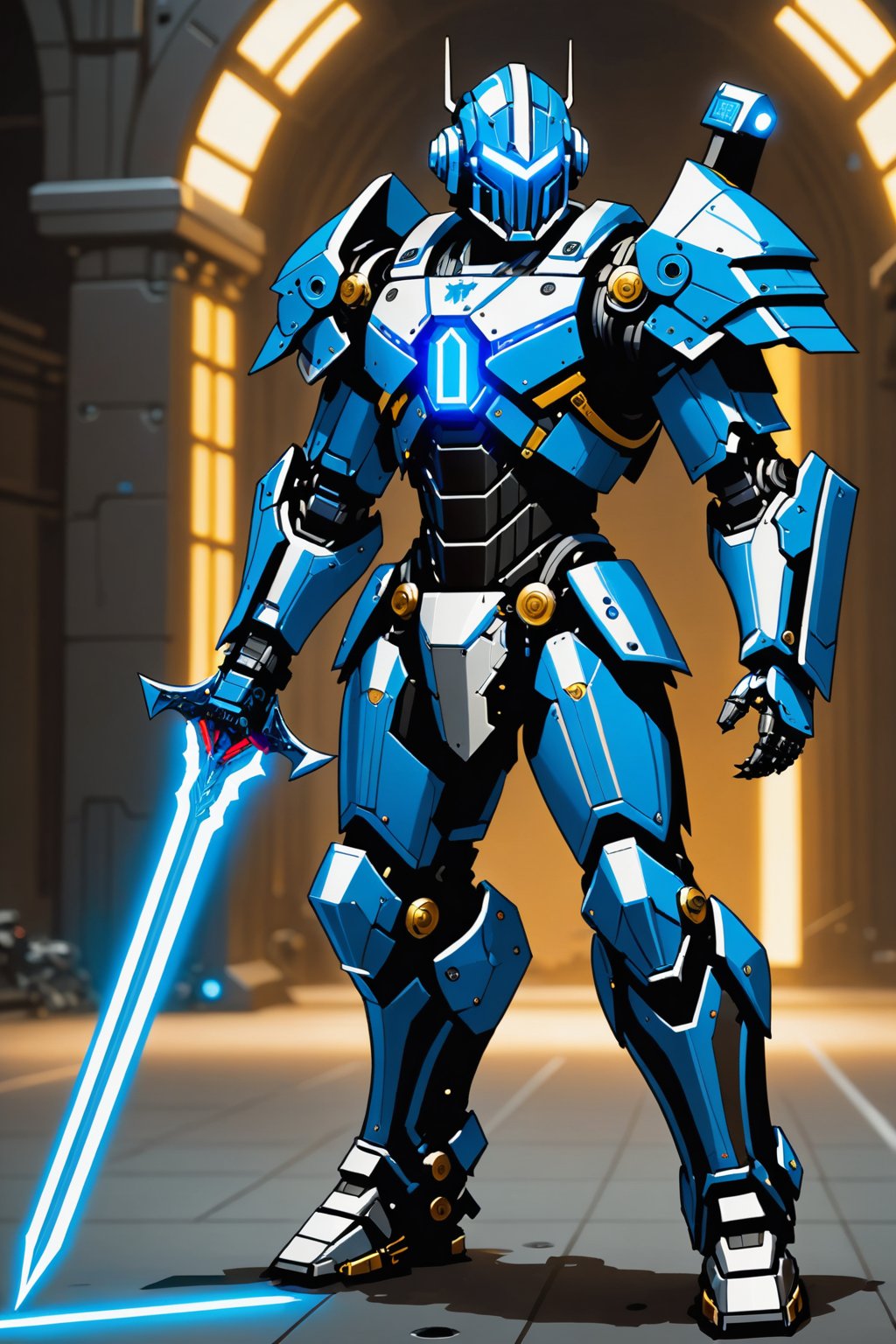 Create me a robot unit called the knight watcher, wears bright blue and black themed armor, unique design 8 feet tall powerful super soldier, Jump pack, uses a techno sword, magic energy coming out of hands 