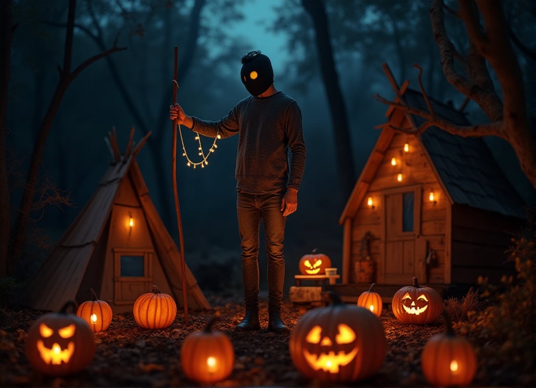 hombre disfrazado de marinero zobie, bosque de noche, cabañas de madera alrededor con calabazas y decoraciones de HALLOWEEN