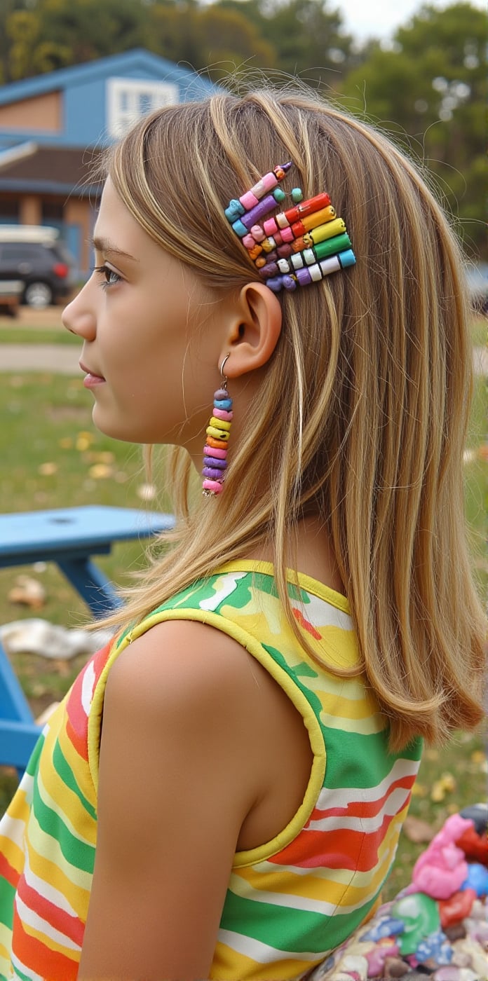 Like an amazing movie poster. A slender young girl Elona has golden hair with highlights and is wearing a colorful psyched...