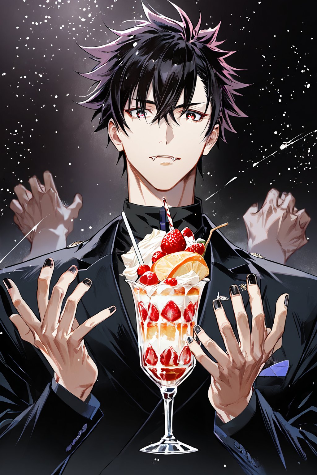 ((score_9, score_8_up,score_7_up)), caffee, inside, big Parfait, suit, fancy, high quality eyes, best quality, Anime_style, masterpiece, hypermaximalist, absurdres, very aesthetic, handsome teenage boy, 1boy, Expressiveh, black nails, tall, slender, wide shoulders, bara, Perfect anatomy, detailed body, perfect face, detailed face, male focus, 1guy, solo, five fingers, high quality hands, detailed hands, BREAK, highres, best quality, ((yuuya_tenjou, short hair, hair between eyes, spiked hair, bangs)), ((Dark eyes, fang, Ivan_ALST, black hair, red eye pupils, black eyes)), Expressiveh, concept art, dark theme, (armpit hair:1.3),score_6_up,score_5_up,score_4_up,source_anime