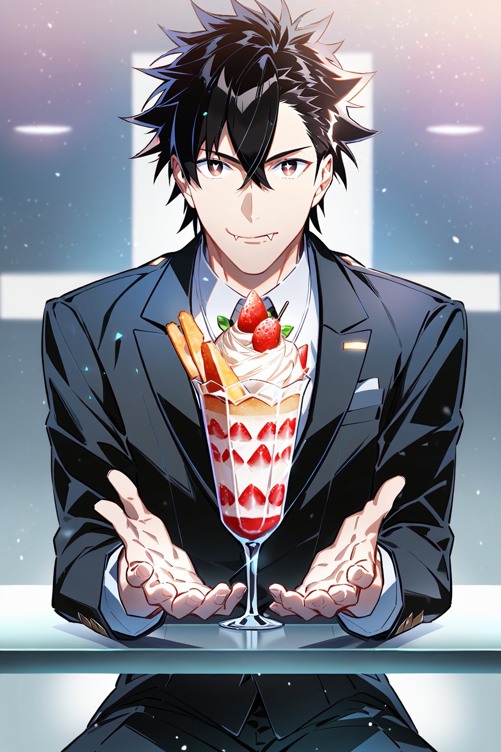 score_9, score_8_up,score_7_up, , Sitting in caffee, enjoying Parfait, wearing a suit, Eating Parfait, high quality eyes, hypermaximalist, best quality, Anime_style, masterpiece, absurdres, very aesthetic, handsome teenage boy, tall, slender, perfect face, detailed, male focus, 1guy, five fingers, high quality hands, detailed hands, highres,best quality, protruding tongue, ((yuuya_tenjou,short hair, hair between eyes, spiked hair, bangs)), ((Dark eyes,fang,Ivan_ALST,black hair,red eye pupils,black eyes)),