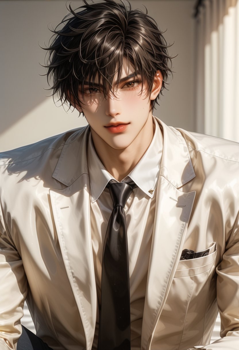 score_9, score_8_up, score_7_up, messy hair, 3D, realistic, nose, lips, bishounen, tsurime, kinomoto_touya, 1boy,solo,male focus,brown eyes,brown hair,short hair, bara, big pectorals, muscular, parted lips, pants, fancy suit,Expressiveh,