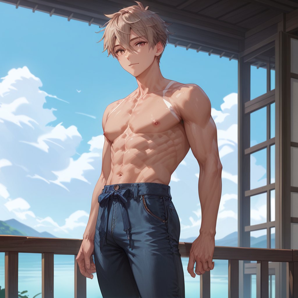 ((score_9, score_8_up,score_7_up)),, high quality eyes, best quality, masterpiece, absurdres, very aesthetic, Expressiveh, (casual fit, looking at viewer,,pants,tall,standing,, Perfect anatomy, detailed body, small waist, lean, thick body, muscular, male, big pectorals,), BREAK, anatomically correct hands, highres, best quality, Expressiveh, concept art, dark theme,1boy, male focus, solo,hair between eyes, SoumaHiro, HiroFinale, brown hair, brown eyes,Gaho_Zen,tan_skin,