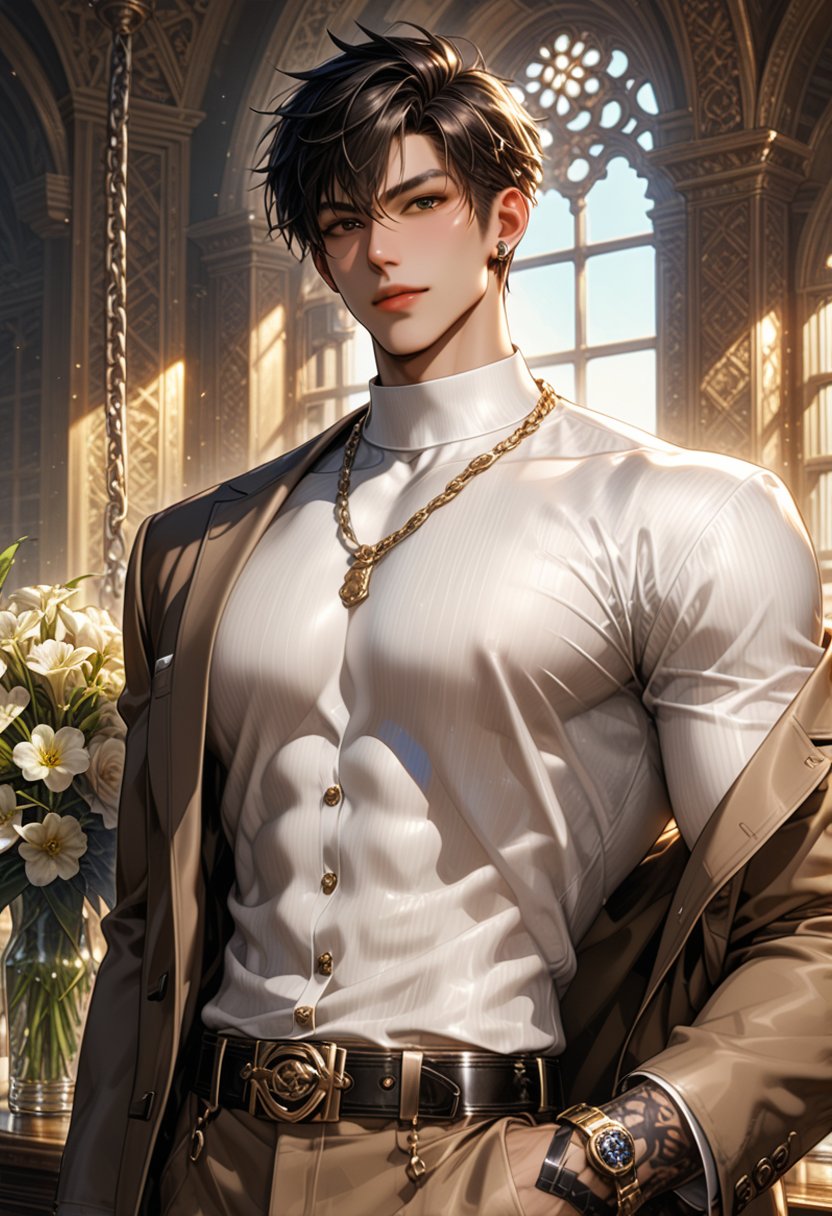 Prompt: score_9, score_8_up, score_7_up, looking at viewer, bara, bishounen, short hair, bangs, black hair, brown hair, 1boy, bishounen,tsurime,kinomoto_touya, tan skin, detailed eyes, matching eyes, solo, brown eyes, male focus, lean, big pectorals, muscular, jewelry, parted lips, midriff, belt, pants, necklace, chain, pants, sunlight, brown suit, hand tattoo, white_turtleneck, chain necklace, beach resort, Big bouquet on left hand, more detail XL, soft gaze, soft smile, inside, detailed skin,Expressiveh