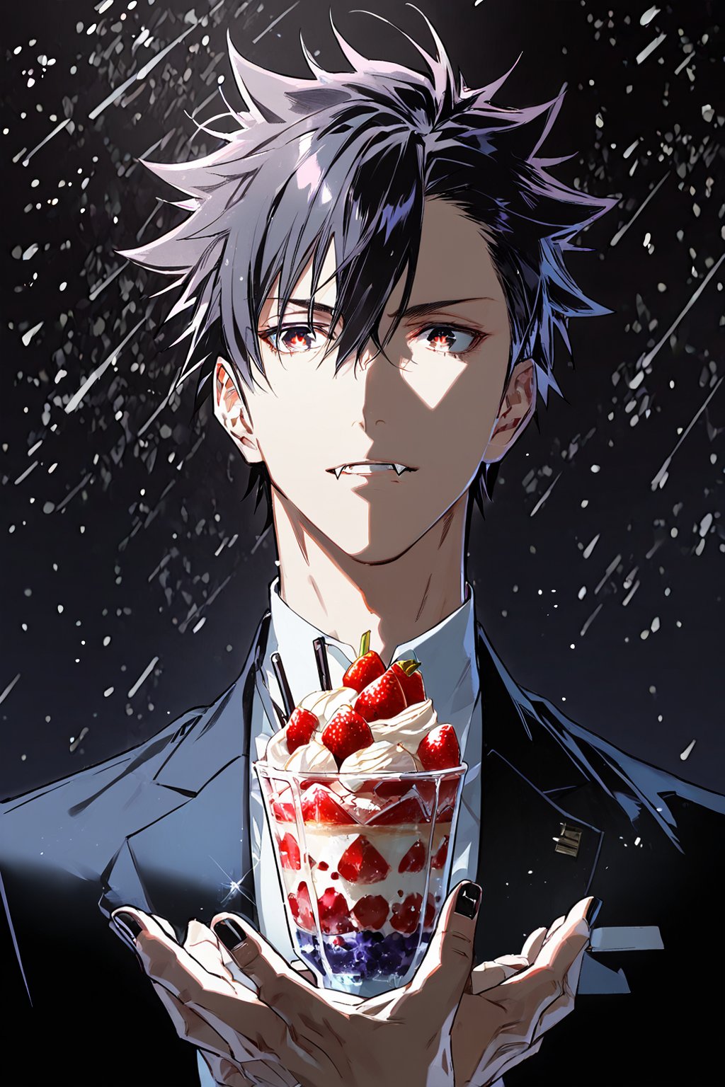 ((score_9, score_8_up,score_7_up)), caffee, inside, big Parfait, suit, fancy, high quality eyes, best quality, Anime_style, masterpiece, hypermaximalist, absurdres, very aesthetic, handsome teenage boy, 1boy, Expressiveh, black nails, tall, slender, wide shoulders, bara, Perfect anatomy, detailed body, perfect face, detailed face, male focus, 1guy, solo, five fingers, high quality hands, detailed hands, BREAK, highres, best quality, ((yuuya_tenjou, short hair, hair between eyes, spiked hair, bangs)), ((Dark eyes, fang, 1fang, Ivan_ALST, black hair, red eye pupils, black eyes)), Expressiveh, concept art, dark theme,