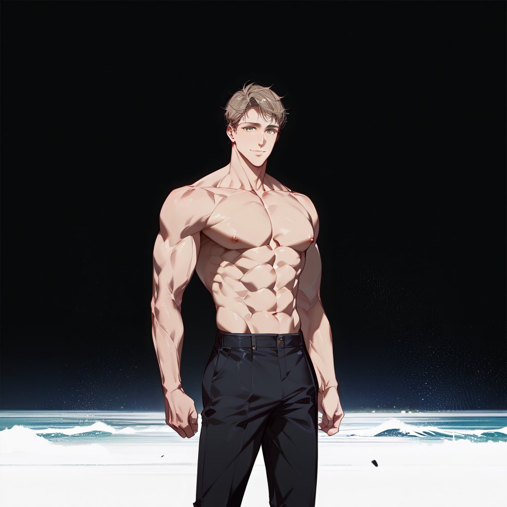 ((score_9, score_8_up,score_7_up)),, high quality eyes, best quality, masterpiece, absurdres, very aesthetic, Expressiveh, casual fit, ((looking at viewer,,pants,tall,standing,, Perfect anatomy, detailed body, small waist, lean, thick body, muscular, male, big pectorals,)), BREAK, anatomically correct hands, highres, best quality, Expressiveh, concept art, dark theme,1boy, male focus, solo,tsubasa_tanuma, blue eyes, short hair, brown hair, beachside by the waves backround