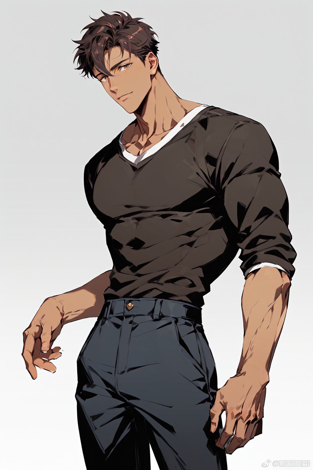 ((score_9, score_8_up,score_7_up)),, male focus, high quality eyes, best quality, masterpiece, absurdres, very aesthetic, Expressiveh, (casual fit, looking at viewer,,pants,tall,standing,, Perfect anatomy, detailed body, small waist, lean, thick body, muscular, big pectorals,), BREAK, anatomically correct hands, highres, best quality, Expressiveh, concept art, dark theme,1boy, male focus, solo, brown hair, brown eyes, kinomoto_touya,short hair,tan_skin