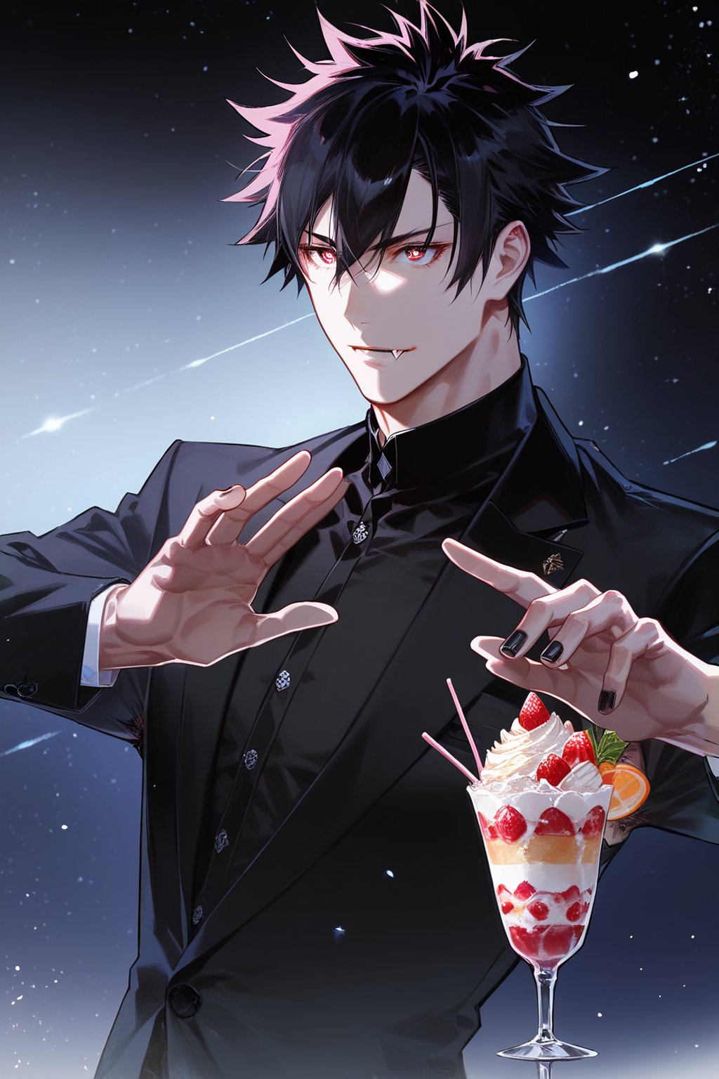 ((score_9, score_8_up,score_7_up)), caffee, inside, big Parfait, suit, fancy, high quality eyes, best quality, Anime_style, masterpiece, hypermaximalist, absurdres, very aesthetic, handsome teenage boy, 1boy, Expressiveh, black nails, tall, slender, wide shoulders, bara, Perfect anatomy, detailed body, perfect face, detailed face, male focus, 1guy, solo, five fingers, high quality hands, detailed hands, BREAK, highres, best quality, ((yuuya_tenjou, short hair, hair between eyes, spiked hair, bangs)), ((Dark eyes, fang, Ivan_ALST, black hair, red eye pupils, black eyes)), Expressiveh, concept art, dark theme, (armpit hair:1.3),