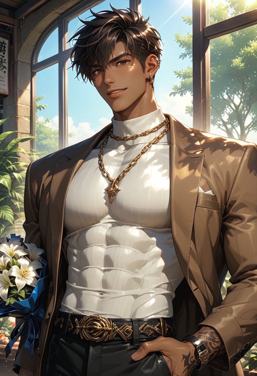 score_9, score_8_up, score_7_up, looking at viewer, bara, bishounen, short hair, bangs, black hair, brown hair, 1boy, bishounen,tsurime,kinomoto_touya, tan skin, detailed eyes, matching eyees, solo, brown eyes, male focus, muscular, big pectorals, jewelry, parted lips, smiling, midriff, belt, pants, outside, necklace, chain, black pants, sunlight, window, brown suit, ear piercing, hand tattoo, white turtleneck, chain necklace, lip piercing, beach resert, bouquet on left hand, more detail XL, 