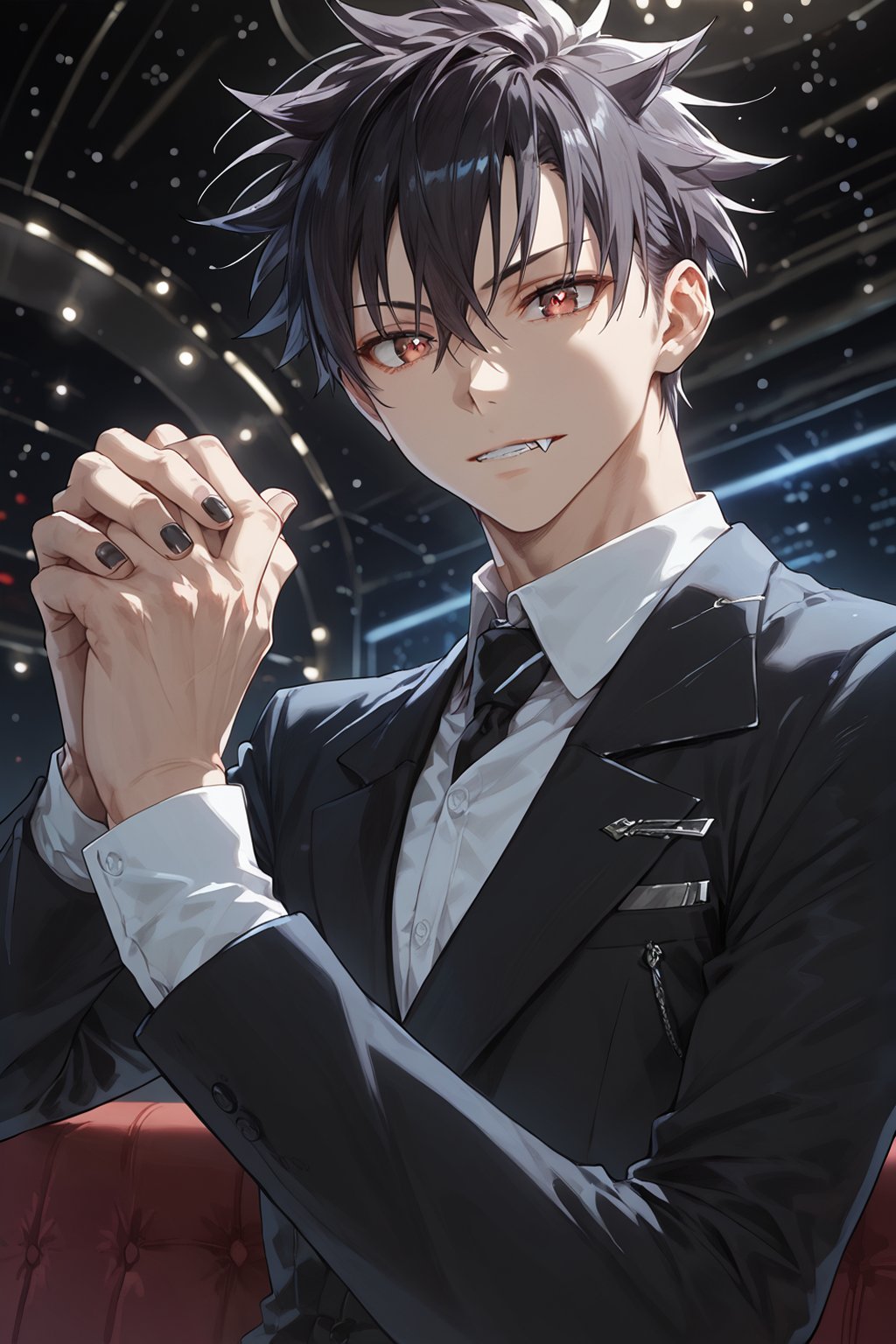 ((score_9, score_8_up,score_7_up)), caffee, inside, big Parfait, suit, fancy, high quality eyes, best quality, Anime_style, masterpiece, hypermaximalist, absurdres, very aesthetic, handsome teenage boy, 1boy, Expressiveh, black nails, tall, slender, wide shoulders, bara, Perfect anatomy, detailed body, perfect face, detailed face, male focus, 1guy, solo, five fingers, high quality hands, detailed hands, BREAK, highres, best quality, ((yuuya_tenjou, short hair, hair between eyes, spiked hair, bangs)), ((Dark eyes, fang, 1fang, Ivan_ALST, black hair, red eye pupils, black eyes)), Expressiveh, concept art, dark theme,