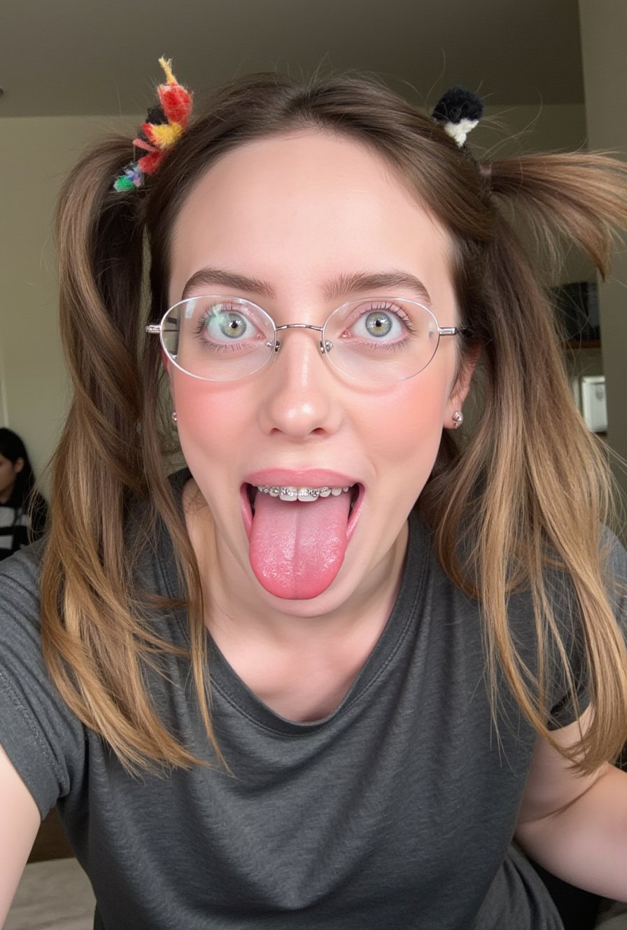 Billie Eilish, hair with twin tails, excited face, selfie, teeth with braces, camera from above, tongue out, ahegao, open wide mouth, big tis, nerdy glasses, UVULA
