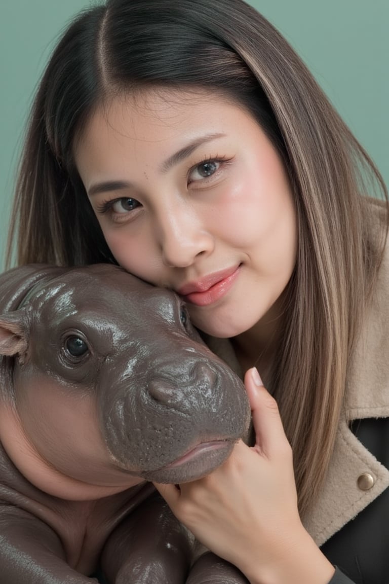 A stunning model with rich brunette hair tenderly holds a MooDeng Pegmy Hippo against her face, creating an arresting visual juxtaposition. Soft light illuminates her intense, light-colored eyes, mirroring the piercing gaze of the hippo, emphasizing their deep connection. She wears a luxurious fur-collared outfit with subtle studs, contrasting with the muted pastel green background. The model's gentle cradling of the hippo exudes calm intimacy, while the unusual pairing adds surreal otherworldliness to this captivating scene.