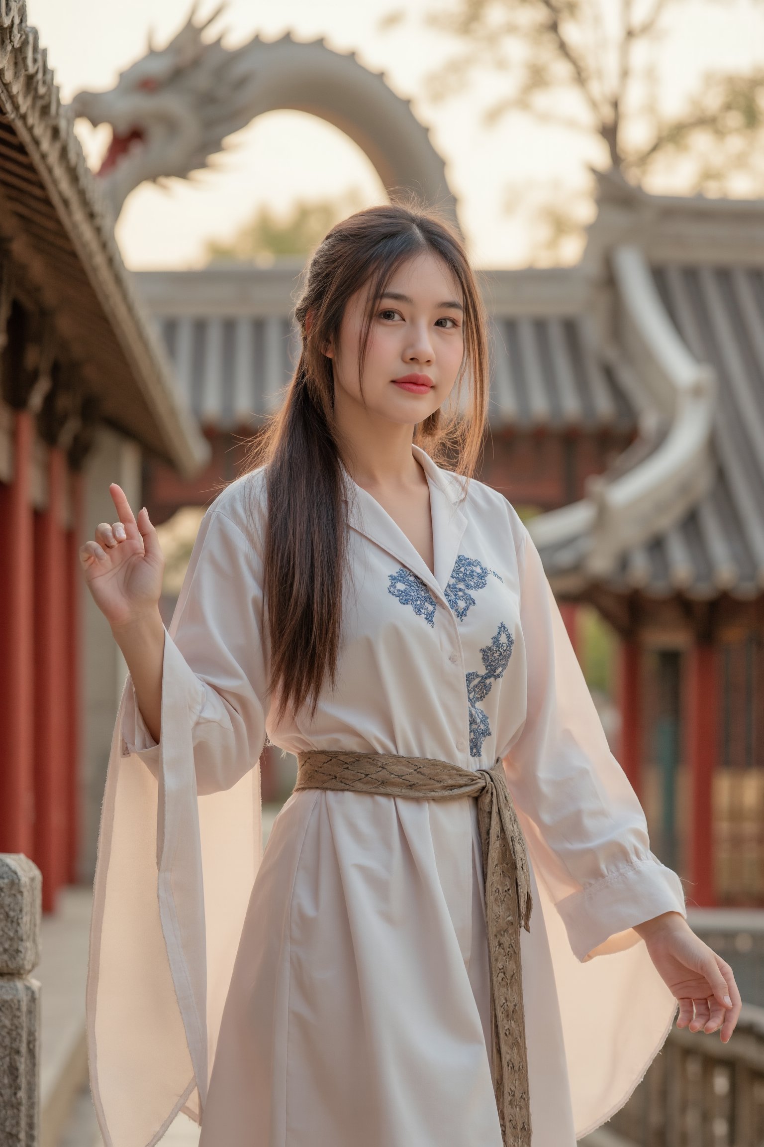 A stunning Taiwanese woman of Japanese descent stands confidently amidst ancient Chinese architecture, her red armor glistening under soft golden lighting. Her long black hair flows down her back like a dark waterfall, framing her refined features. Intricate blue accents adorn the chest plate and belt of her flowing white robe, emphasizing her hourglass figure. With one hand, she holds a massive sword, while the other is raised, channeling divine energy that radiates around her. Golden layers of hair cascade down her back, adding depth to her ethereal and powerful presence. A black veil covers her eyes, but subtle glints hint at an otherworldly gaze beneath. She stands in elegant high heels, adding sophistication and amplifying her refined beauty. Behind her, on the roof of the ancient Chinese architecture, a majestic Chinese dragon weaves through the air, its body winding around the building, adding a mythical and powerful presence to the scene. The overall composition presents her in full-body view, exuding grace, power, and divine energy in a majestic tableau.
,soft focus,blurry foreground,Navy bow,Naritsara2,uniform,students