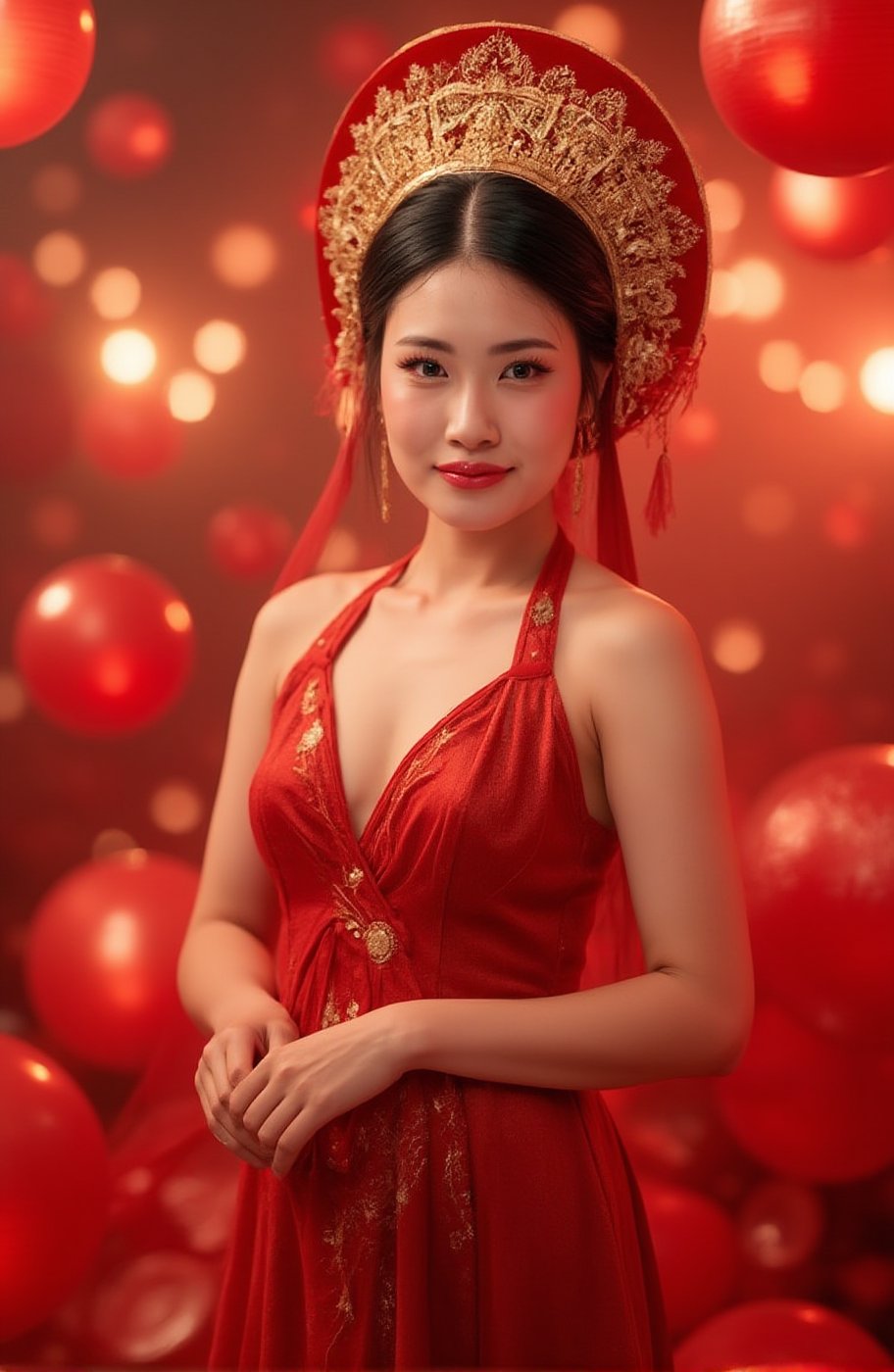 prompt:
A captivating portrait of a woman in a traditional red gown with golden embroidery, standing amidst floating red spheres.

Her elaborate golden headdress and jewelry shimmer subtly in the soft, diffused light, adding a regal, majestic feel to her appearance.

The model’s posture is elegant, with her head slightly bowed, creating a delicate, serene expression as the light softly highlights her face and body.

Foreground: Blurry red spheres drifting near the camera, creating a dreamy and immersive depth effect.

Background: Softly blurred with an abstract, hazy atmosphere, full of glowing red and gold tones to complement the model's attire.

Style: Ethereal fashion photography inspired by traditional Asian themes with a modern, surreal twist.

Mood: Elegant, timeless, and serene.

Resolution: Ultra-high resolution to capture every detail of the model’s gown, headdress, and the surrounding red spheres.
