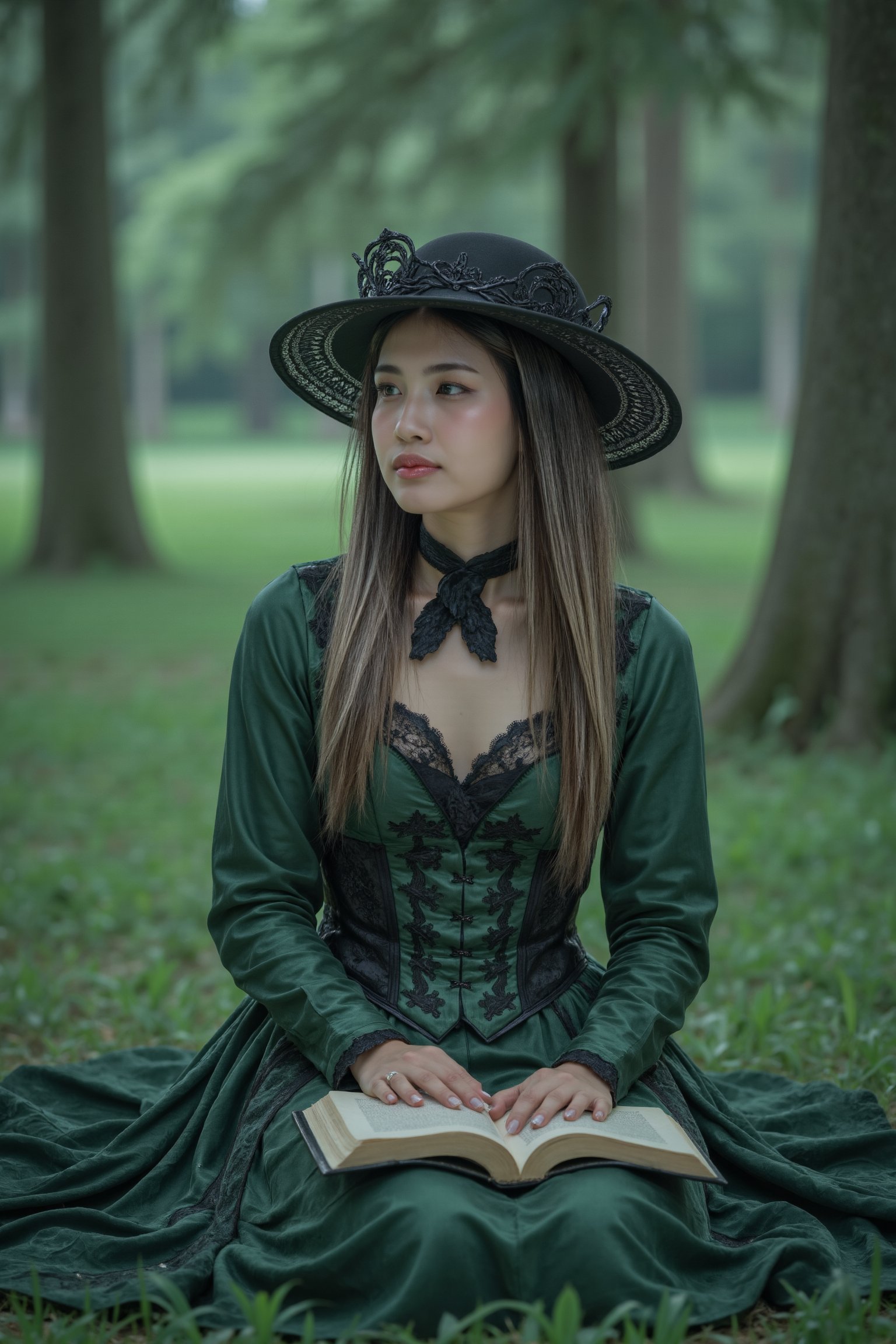 Here is your masterpiece prompt:

A stunning, gothic-style portrait of a young woman sitting gracefully in a mystical forest. She wears a dark green Victorian-inspired dress, complete with an ornate black corset that accentuates her figure. A delicate black lace scarf adorns her neck, and her long, dark brown hair cascades over her shoulders, framing her face beautifully. She wears a black hat crowned with intricate, ornate designs. The serene forest setting, with towering trees and lush foliage, adds an ethereal and enchanting mood to the scene. The woman sits on the grassy field, her hands resting on an open book in her lap, as she gazes thoughtfully into the distance. The soft lighting and shadows give the entire scene a magical, cinematic feel, with the gothic elements enhancing her mysterious elegance. The image is highly detailed, with intricate patterns on her corset and dress, emphasizing her refined and regal presence.
