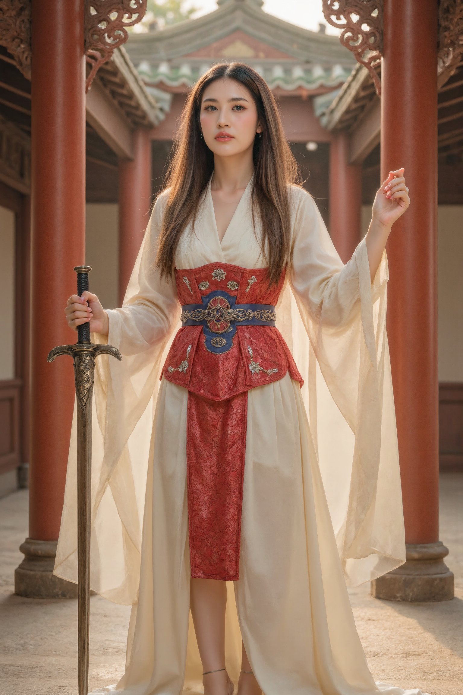 A stunning Taiwanese woman of Japanese descent stands confidently amidst ancient Chinese architecture, her red armor glistening under soft golden lighting. Her long black hair flows down her back like a dark waterfall, framing her refined features. Intricate blue accents adorn the chest plate and belt of her flowing white robe, emphasizing her hourglass figure. With one hand, she holds a massive sword, while the other is raised, channeling divine energy that radiates around her. Golden layers of hair cascade down her back, adding depth to her ethereal and powerful presence. A black veil covers her eyes, but subtle glints hint at an otherworldly gaze beneath. She wears high heels, which add a touch of sophistication and elegance, amplifying her refined beauty in this majestic tableau set against the backdrop of ancient Chinese architecture.
