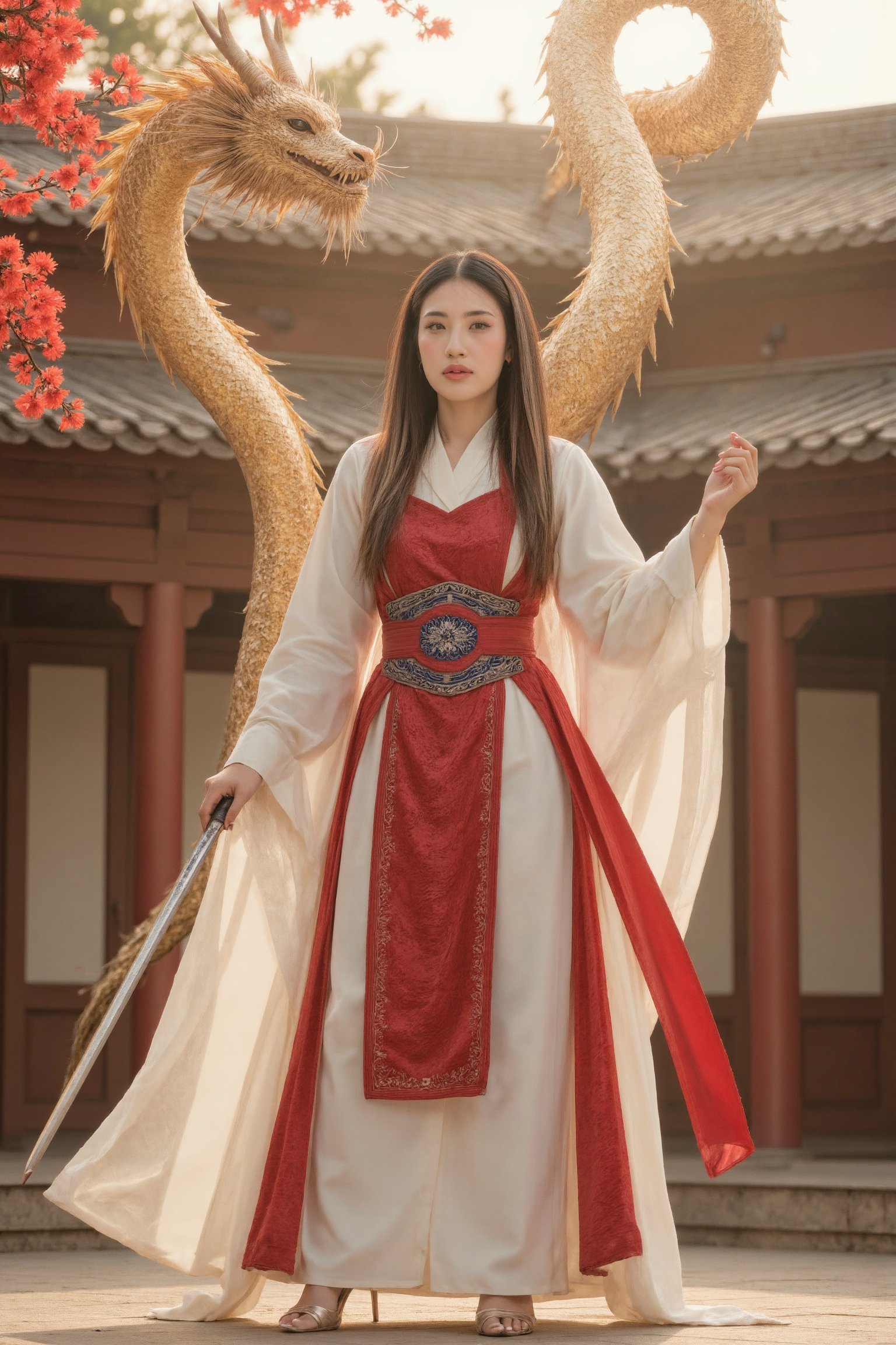 A stunning Taiwanese woman of Japanese descent stands confidently amidst ancient Chinese architecture, her red armor glistening under soft golden lighting. Her long black hair flows down her back like a dark waterfall, framing her refined features. Intricate blue accents adorn the chest plate and belt of her flowing white robe, emphasizing her hourglass figure. With one hand, she holds a massive sword, while the other is raised, channeling divine energy that radiates around her. Golden layers of hair cascade down her back, adding depth to her ethereal and powerful presence. A black veil covers her eyes, but subtle glints hint at an otherworldly gaze beneath. She stands in elegant high heels, adding sophistication and amplifying her refined beauty. Behind her, on the roof of the ancient Chinese architecture, a majestic Chinese dragon weaves through the air, its body winding around the building, adding a mythical and powerful presence to the scene. The overall composition presents her in full-body view, exuding grace, power, and divine energy in a majestic tableau.
