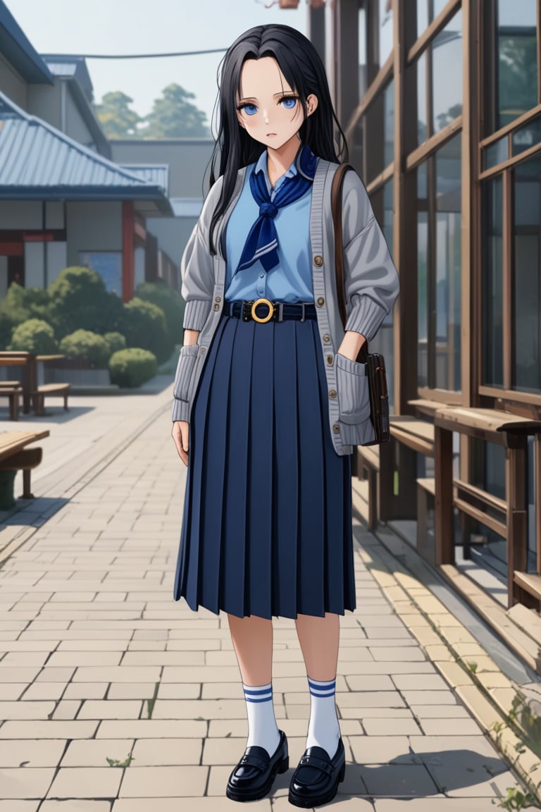 adorable young woman, posing at school 's outdoor, she has black hair (+forehead, half up half down), wearing gray long sleeves cardigan (+open cardigan), short sleeves collared shirt (+azure-blue shirt), navy-blue scout-kerchief, navy-blue pleated pencil skirt (+long skirt), black belt with gold circle buckle, white socks and black mary-jane shoes, BREAK, ((best quality,4k,8k,highres,masterpiece:1.2),ultra-detailed, (very aesthetic:1.2), (absurdres:1.2), (detailed background), intricate details, newest), (1girl, solo, full body, front view, looking at viewer), (japanese anime style),(expressive eyes, perfect face, perfect anatomy)s, BREAK, (gray long sleeves cardigan (+open cardigan), short sleeves collared shirt (+azure-blue shirt), navy-blue scout-kerchief, navy-blue pleated pencil skirt (+long skirt), black belt with gold circle buckle, white socks and black mary-jane shoes)