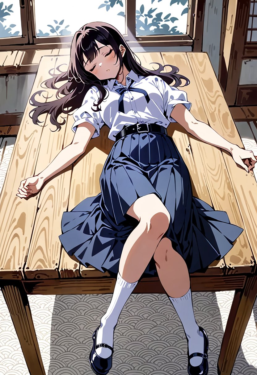 unconscious high school girl, lying down on wooden table, lying on flat, lying on her back, sleep with turning face up, sleeping, closed eyes, she is in black long hair (+swept-side hair, half up half down), wears white short puff sleeves collared blouse, navy-blue pleated pencil long skirt with black belt, white socks, black mary-jane shoes, BREAK, ((masterpiece:1.2), (best quality:1.2), (very aesthetic:1.2), (absurdres:1.2), (detailed background),intricate details, newest, sfw), (1girl, solo, full body), (japanese anime style), brighter lighting