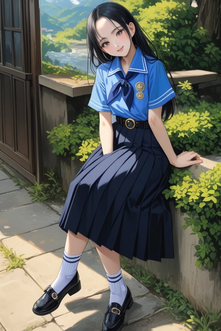 anime of adorable young woman, posing at school 's outdoor, smiling, she has black hair (+forehead, half up half down), wearing short sleeves collared shirt (+azure-blue shirt), navy-blue scout-kerchief, navy-blue pleated pencil long skirt, black belt with gold circle buckle, white socks and black mary-jane shoes, BREAK, (short sleeves collared shirt (+azure-blue shirt), navy-blue scout-kerchief, navy-blue pleated pencil long skirt, black belt with gold circle buckle, white socks and black mary-jane shoes), BREAK, ((best quality,4k,8k,highres,masterpiece:1.2),ultra-detailed, (very aesthetic:1.2), (absurdres:1.2), (detailed background), intricate details, newest), (1girl, solo, full body), (japanese anime style),(expressive eyes, perfect face, perfect anatomy)