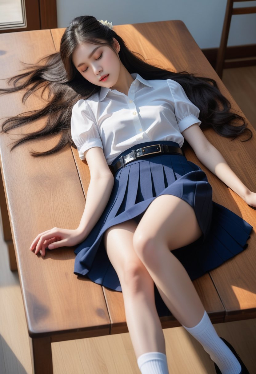 unconscious high school girl, lying down on wooden table, lying on flat, lying on her back, sleep with turning face up, sleeping, closed eyes, she is in black long hair (+swept-side hair, half up half down), wears white short puff sleeves collared blouse, navy-blue pleated pencil long skirt with black belt, white socks, black mary-jane shoes, BREAK, ((masterpiece:1.2), (best quality:1.2), (very aesthetic:1.2), (absurdres:1.2), (detailed background),intricate details, newest, sfw), (1girl, solo, full body), ultra-detailed, (realistic,photo-realistic:1.37), brighter lighting