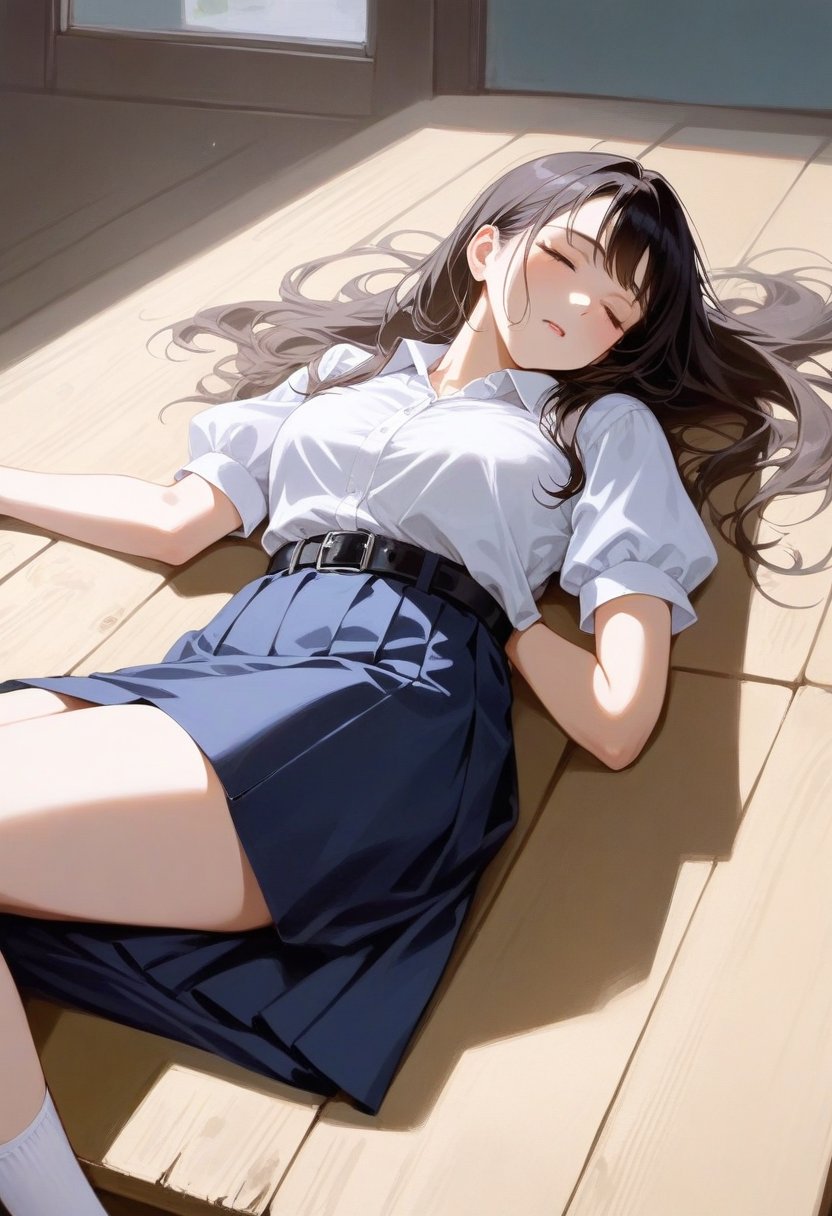 unconscious high school girl, lying down on wooden table, lying on flat, lying on her back, sleep with turning face up, sleeping, closed eyes, she is in black long hair (+swept-side hair, half up half down), wears white short puff sleeves collared blouse, navy-blue pleated pencil long skirt with black belt, white socks, black mary-jane shoes, BREAK, ((masterpiece:1.2), (best quality:1.2), (very aesthetic:1.2), (absurdres:1.2), (detailed background),intricate details, newest, sfw), (1girl, solo, full body), (japanese anime style), brighter lighting