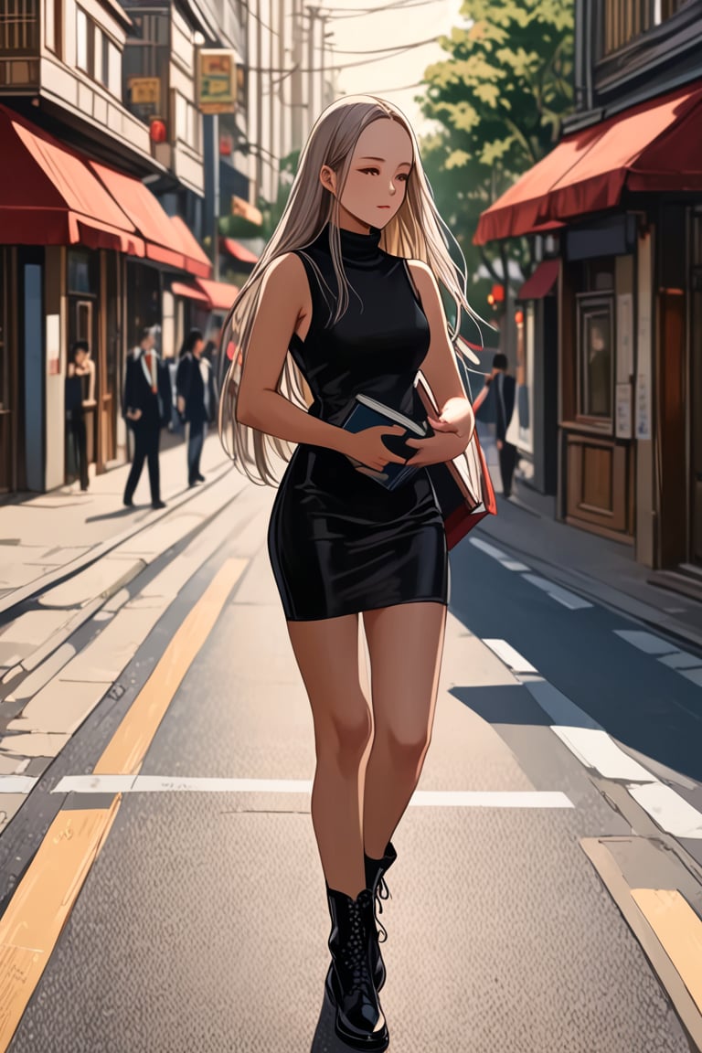 pretty Russian college young woman is crossing on road, carrying book, she is in silver long straight hair (+forehead), wear  black sleeveless turtleneck pencil mini dress,  black ankle boots, 
BREAK, ((masterpiece:1.2), (best quality:1.2), (very aesthetic:1.2), (absurdres:1.2), (detailed background),intricate details, newest, sfw), (1girl, solo, full body), (japanese anime style), sfw