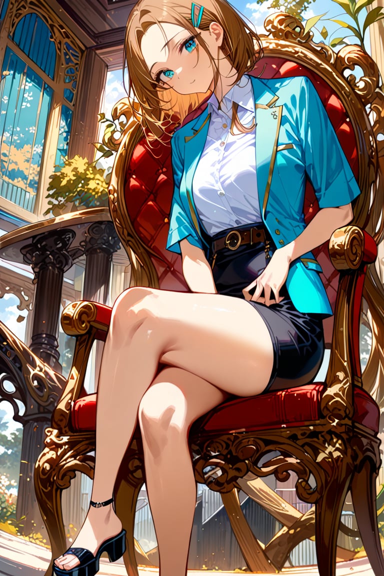 beautiful woman, sitting on seat, she is in brown long layered  bobcut (+forehead, comb hairclip), wears pastel teal-blue short sleeves workshop blazer  (+open blazer), white short sleeves collared shirt {+gold buttons}, black pencil skirt with brown belt, black platform sandals, BREAK, ((masterpiece:1.2), (best quality:1.2), (very aesthetic:1.2), (absurdres:1.2), (detailed background),intricate details, newest,  (1girl, solo, full body, front view, looking at viewer), (japanese anime style), (expressive eyes, perfect face, perfect anatomy)