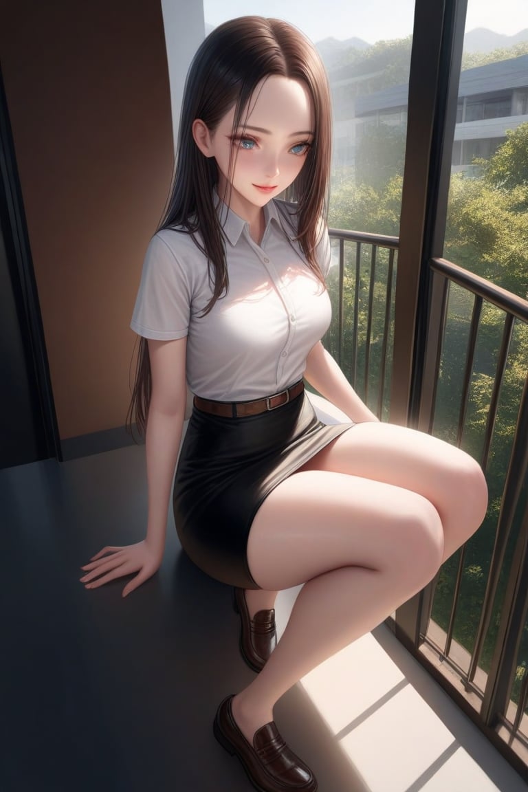 young woman, smiling and sitting at balcony at academy campus, she has black long straight hair (+forehead), wearing white short sleeves collared shirt), black pencil skirt with brown belt, shoes, BREAK, (1girl, solo, full body), (best quality,4k,8k,highres,masterpiece:1.2),ultra-detailed,(realistic,photo-realistic:1.37),extremely detailed eyes and face,longeyelashes,beautiful detailed lips,beautiful detailed eyes,cinematic lighting,moody lighting,dramatic shadows,vibrant colors,Intricate details,Extremely detailed,Outstanding intricacies,(Masterpiece:1.2),(Best quality:1.2),(Absurdres absolutely resolution:1.4)