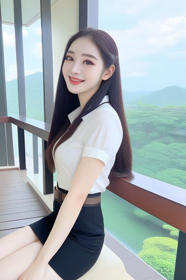 young woman, smiling and sitting on bench at balcony of academy campus, she has black long straight hair (+forehead), wearing white short sleeves collared shirt), black pencil skirt with brown belt, shoes, BREAK, (1girl, solo, full body), (best quality,4k,8k,highres,masterpiece:1.2),ultra-detailed,(realistic,photo-realistic:1.37),extremely detailed eyes and face,longeyelashes,beautiful detailed lips,beautiful detailed eyes,cinematic lighting,moody lighting,dramatic shadows,vibrant colors,Intricate details,Extremely detailed,Outstanding intricacies,(Masterpiece:1.2),(Best quality:1.2),(Absurdres absolutely resolution:1.4)