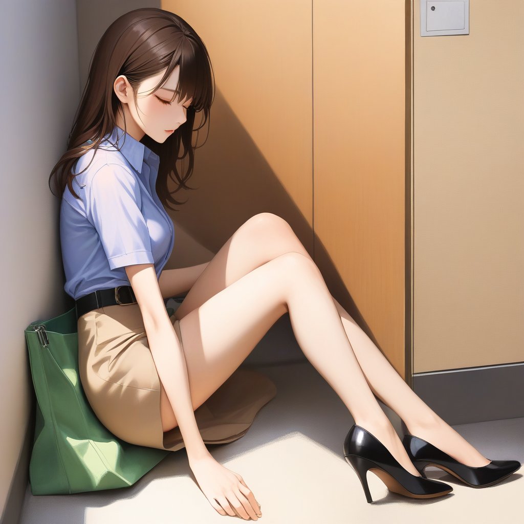 realistic anime illustration of sleeping beautiful office woman is sitting on ground at the room 's corner, her back is leaning against wall, her legs is spreading, closed eyes, her green bag on ground, BREAK, she is black long hair (+reddish-brown ombre hair), wears pastel indigo-blue short sleeve collared  blouse-jacket, open blouse-jacket, brown tube top (+strapless), dark beige pencil skirt with black belt, and black heels, BREAK, ((masterpiece:1.2), (best quality:1.2), (very aesthetic:1.2), (absurdres:1.2), (detailed background),intricate details, newest), (1girl, solo, full body), (japanese anime style), BREAK