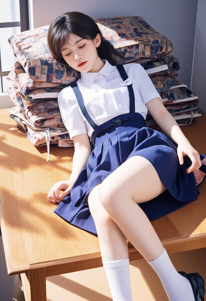 unconscious high school girl, lying down on wooden table, lying on flat, lying on her back, sleep with turning face up, sleeping, closed eyes, she is in black long hair (+swept-side hair, half up half down), wears white short puff sleeves collared blouse, navy-blue pleated pencil long skirt with black belt, white socks, black mary-jane shoes, BREAK, ((masterpiece:1.2), (best quality:1.2), (very aesthetic:1.2), (absurdres:1.2), (detailed background),intricate details, newest, sfw), (1girl, solo, full body), ultra-detailed, (realistic,photo-realistic:1.37), brighter lighting