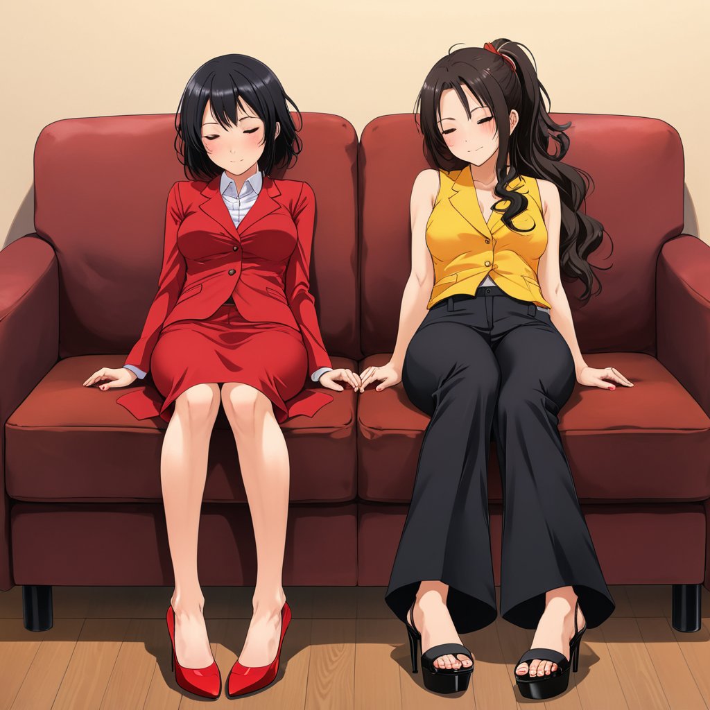 2 unconscious beautiful women are sleeping while sitting on couch, closed eyes, {one girl : black short hair, all red office worker outfit, red long sleeves blazer, red pencil skirt, red heels}, {another one girl : black wavy ponytail, yellow sleeveless shirt, black long trousers, black heel sandals}, BREAK, ((masterpiece:1.2), (best quality:1.2), (very aesthetic:1.2), (absurdres:1.2), (detailed background),intricate details, newest, (1girl, solo, full body, front view, looking at viewer), (japanese anime style), (expressive eyes, perfect face, perfect anatomy)